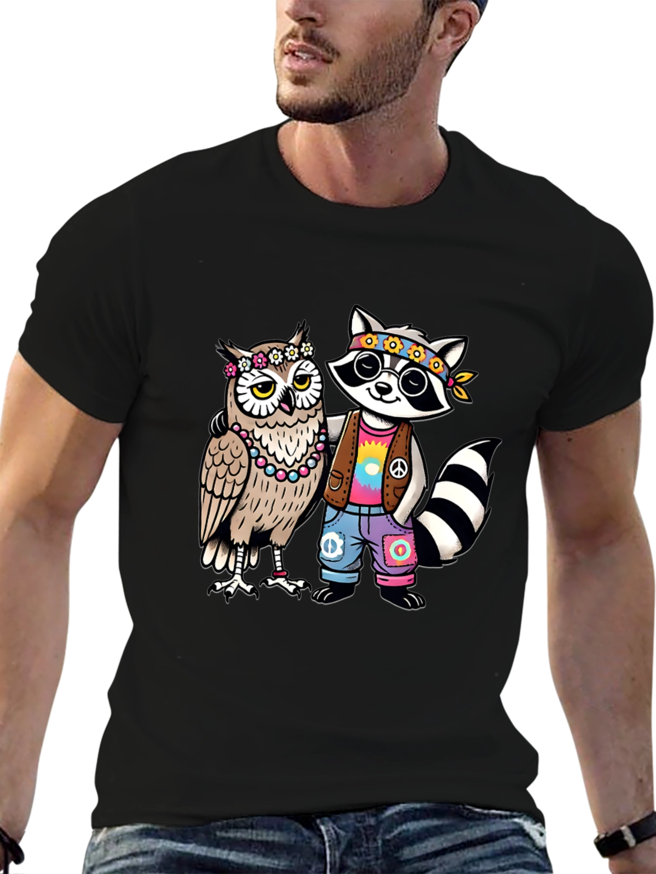 Hippie Owl & Raccoon Black T-Shirt - 6
