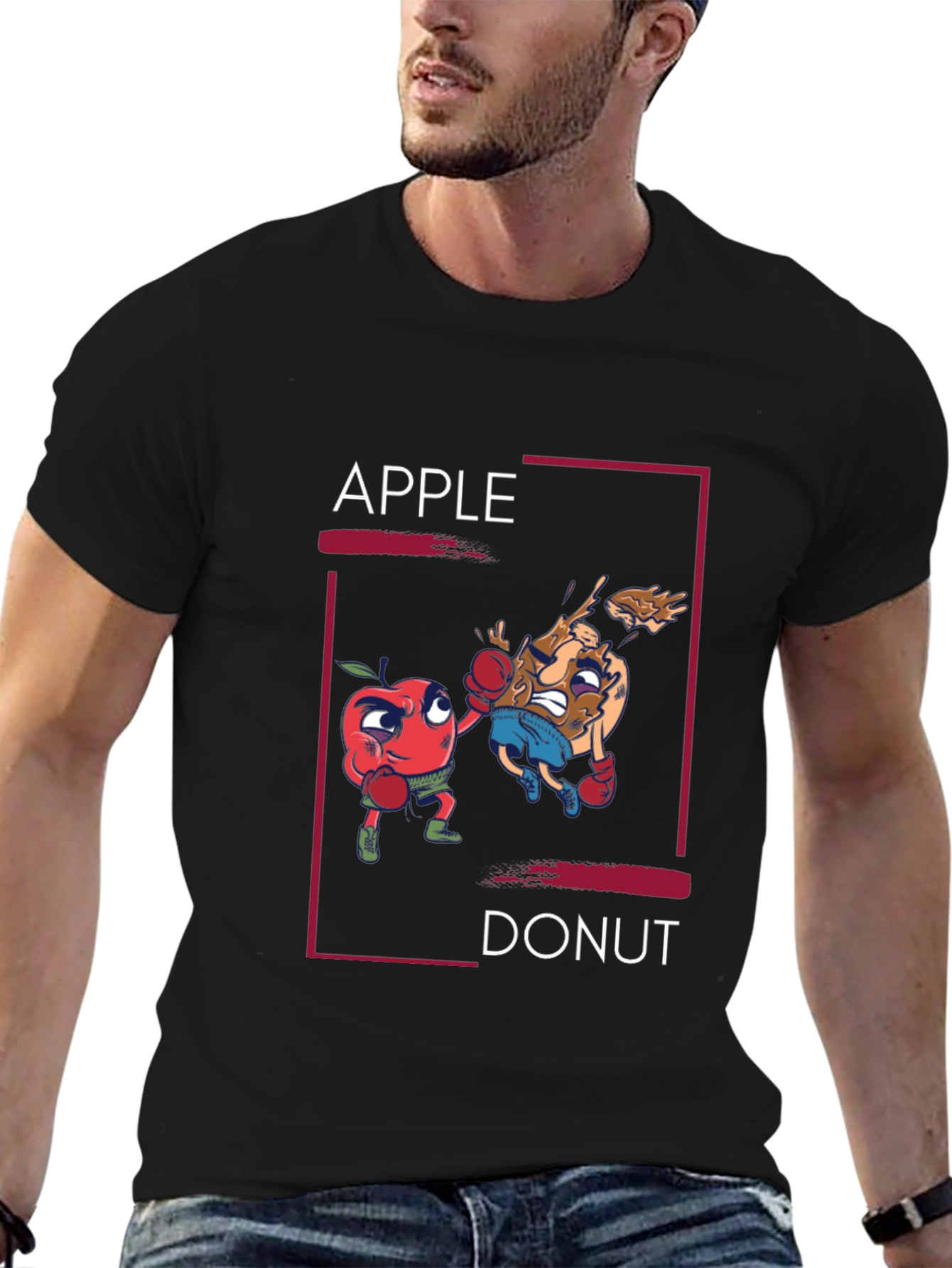 Black Apple vs Donut Boxing Match Graphic T-Shirt view 6