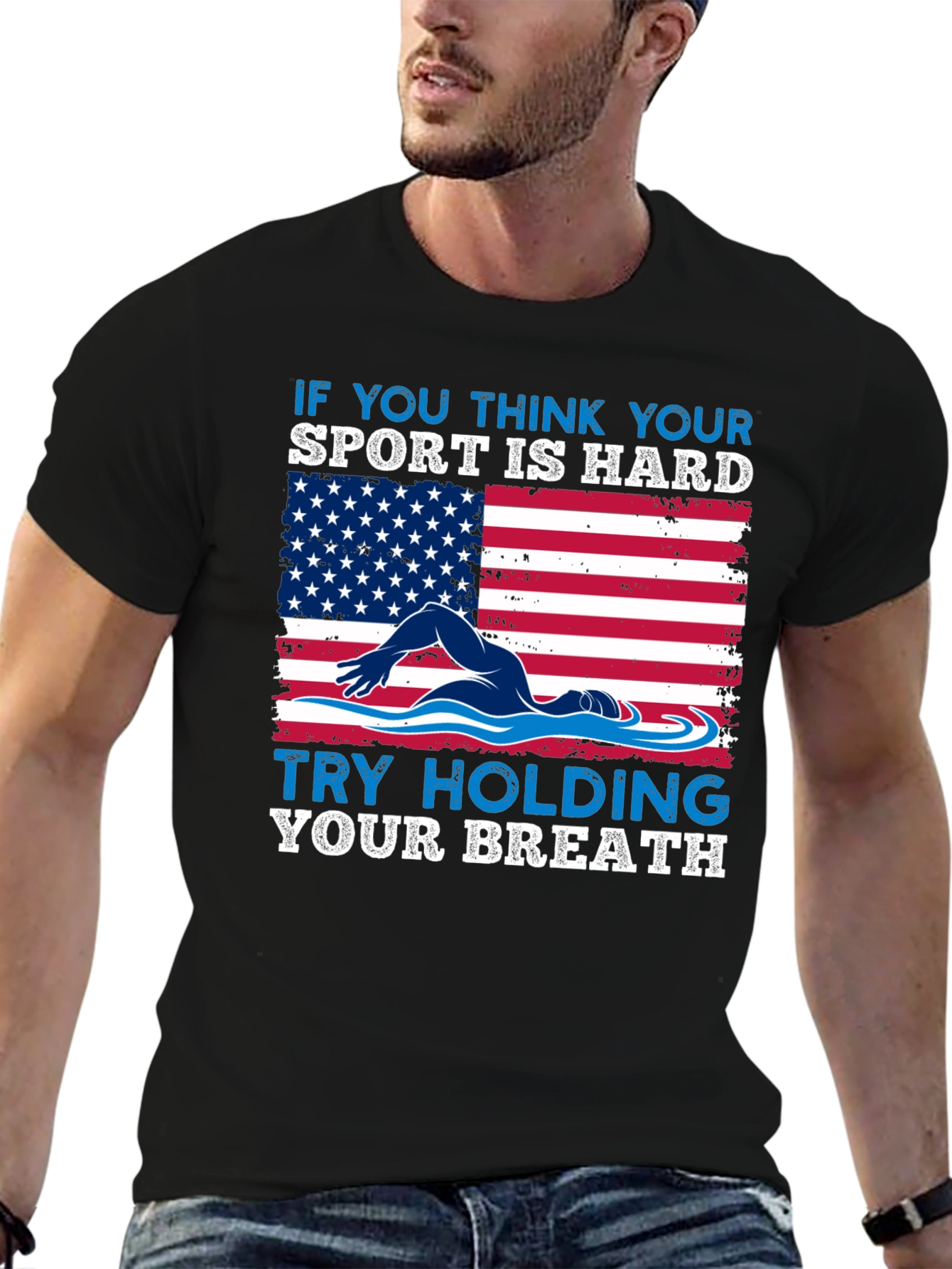 Black Swimming American Flag T-Shirt - Try Holding Your Breath view 6