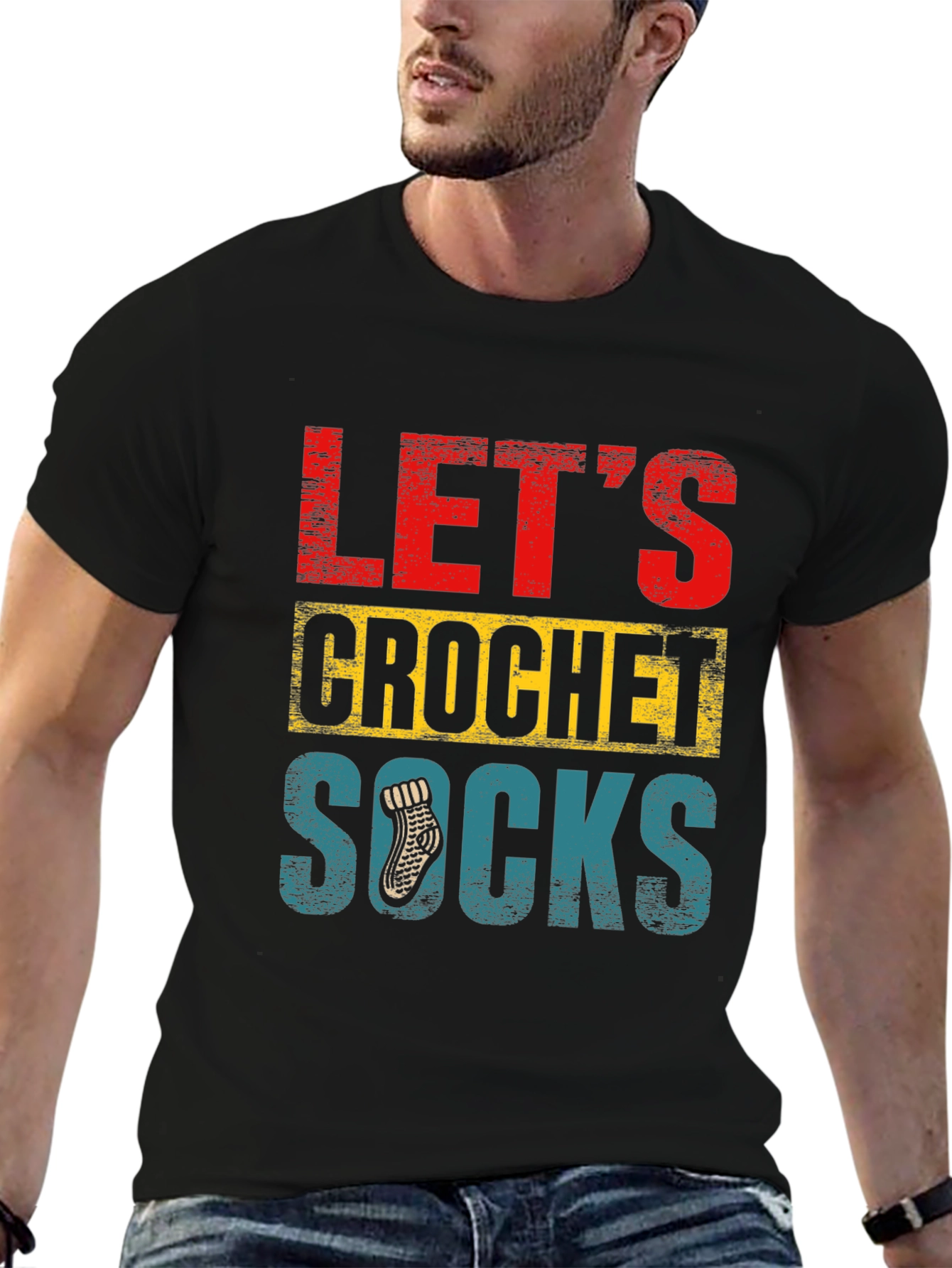 Black Let's Crochet Socks T-Shirt - Novelty Apparel view 6