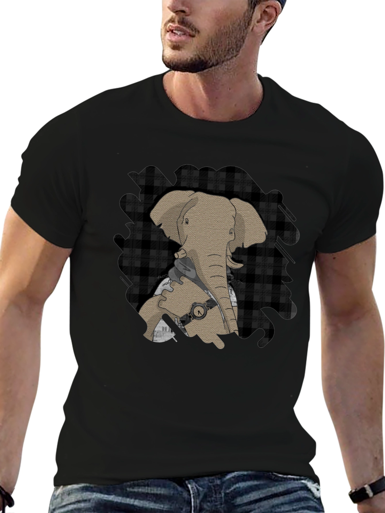 Black Elephant Graphic Tee - Stylish Plaid Accent view 6