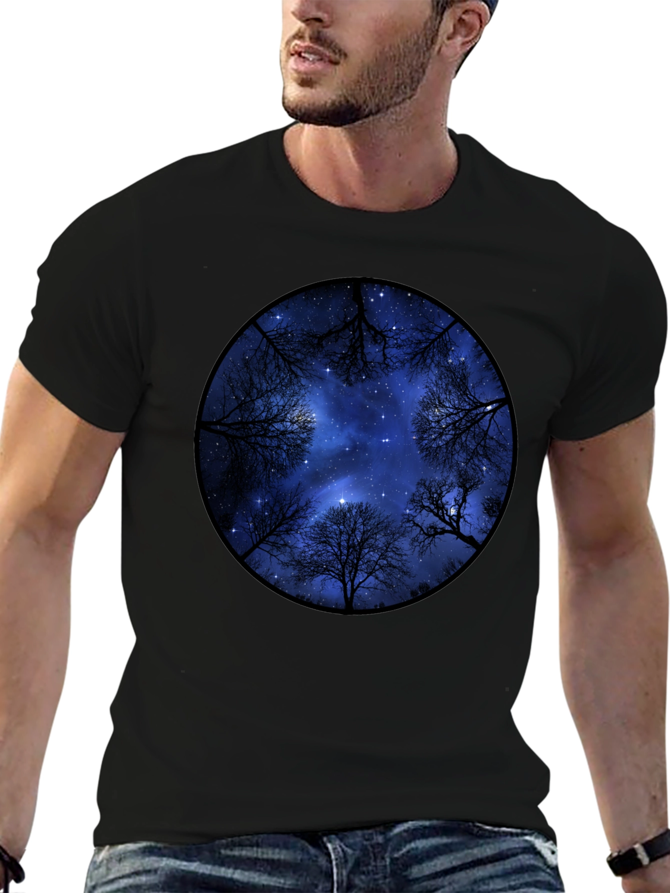 Black Starry Sky Trees Graphic Tee - Black Cotton Blend view 6