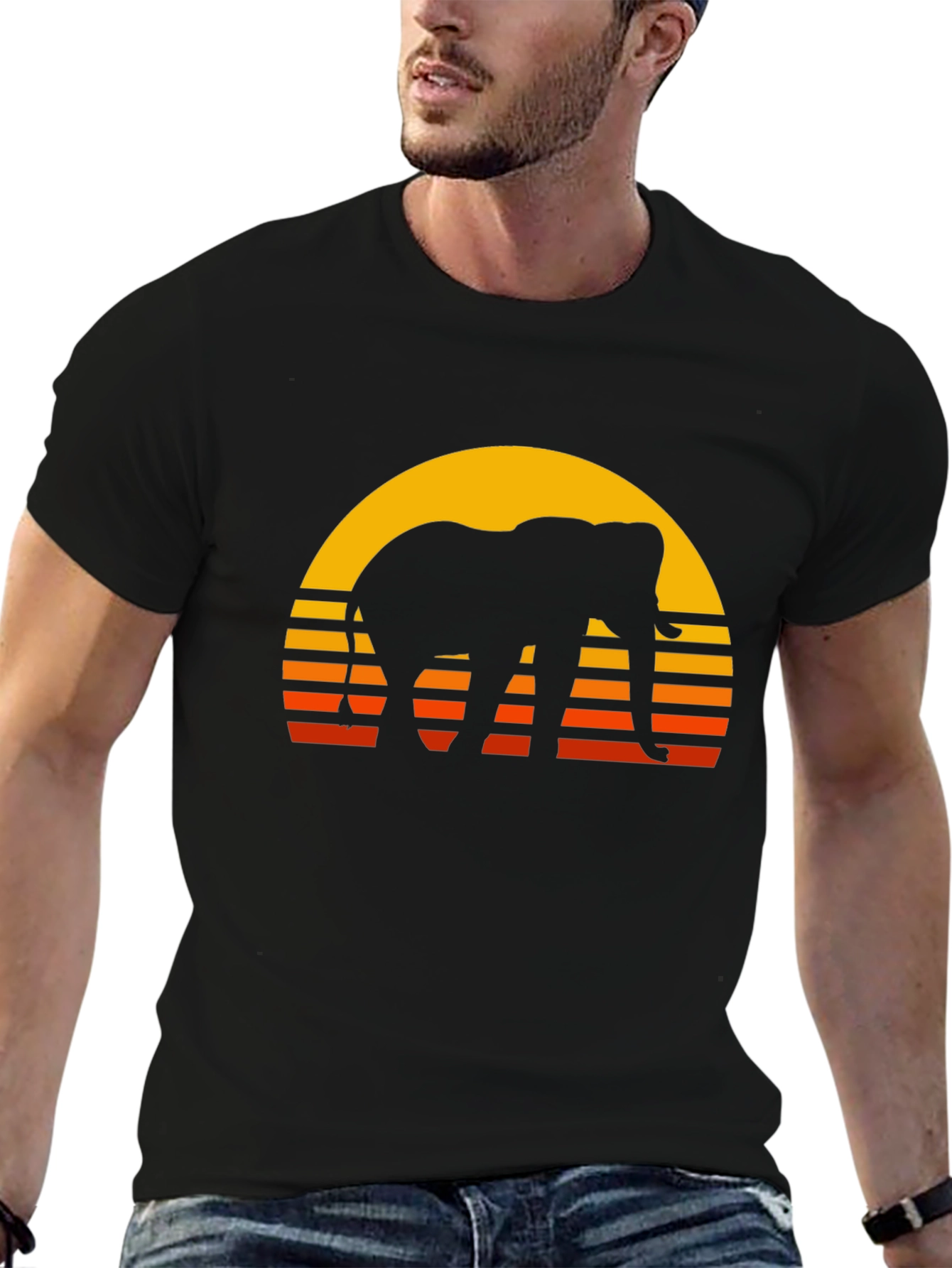 Black Elephant Sunset T-Shirt - Retro Style Black Tee view 6