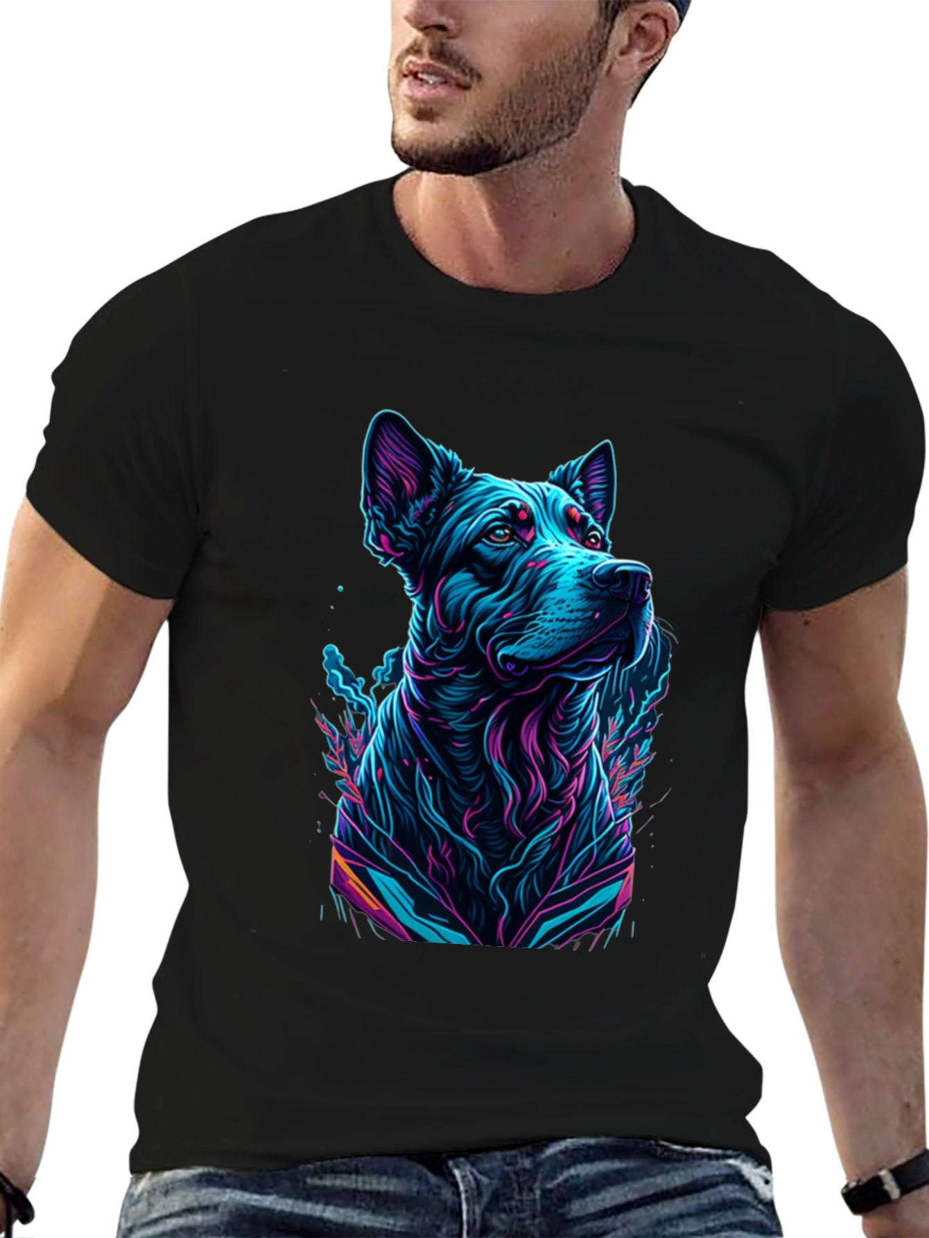 Black Neon Dog Graphic Black T-Shirt view 6
