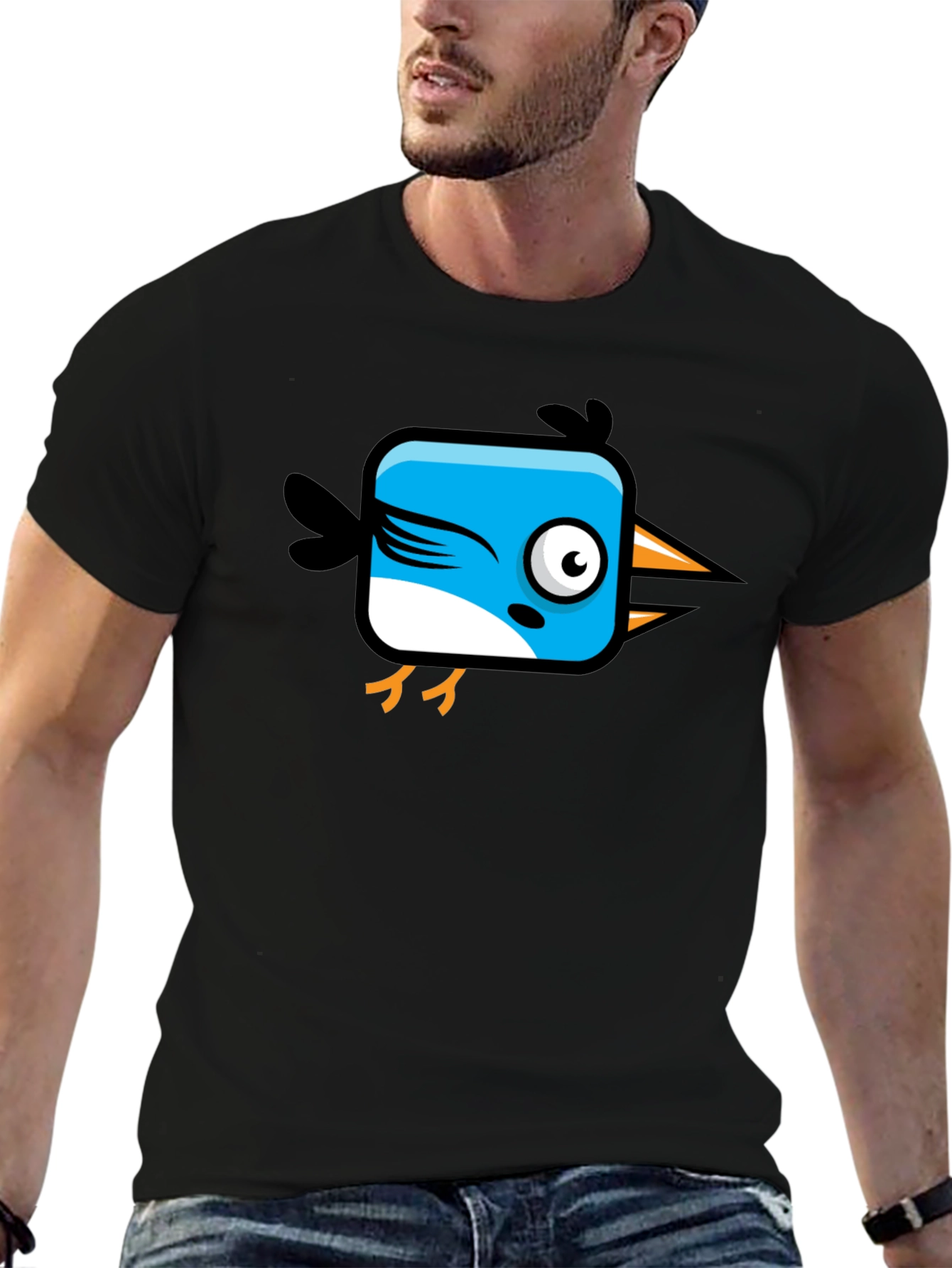 Black Funny Cartoon Bird Graphic Black T-Shirt view 6