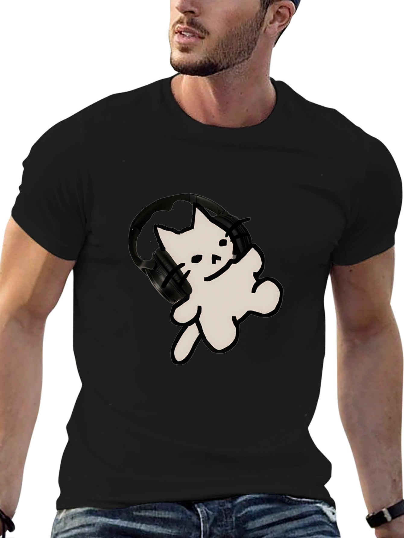 Black Cool Cat T-Shirt with Headphones view 6