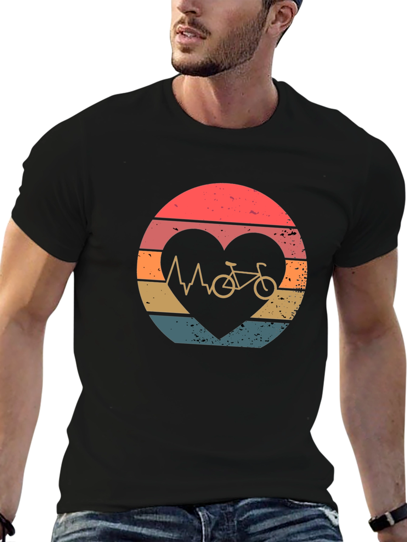 Black Cycling Heartbeat T-Shirt - Vintage Style Bike Love Tee view 6