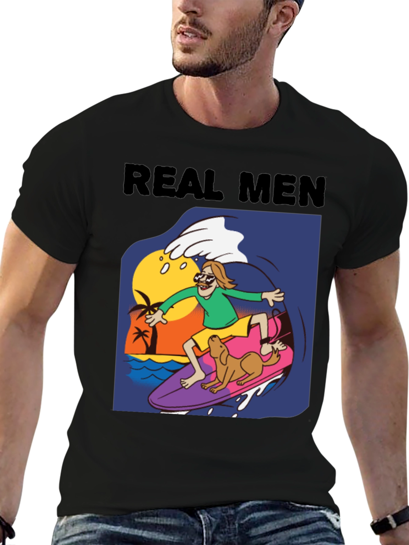Black Real Men Surf Tee - Novelty Cartoon Graphic T-Shirt view 6