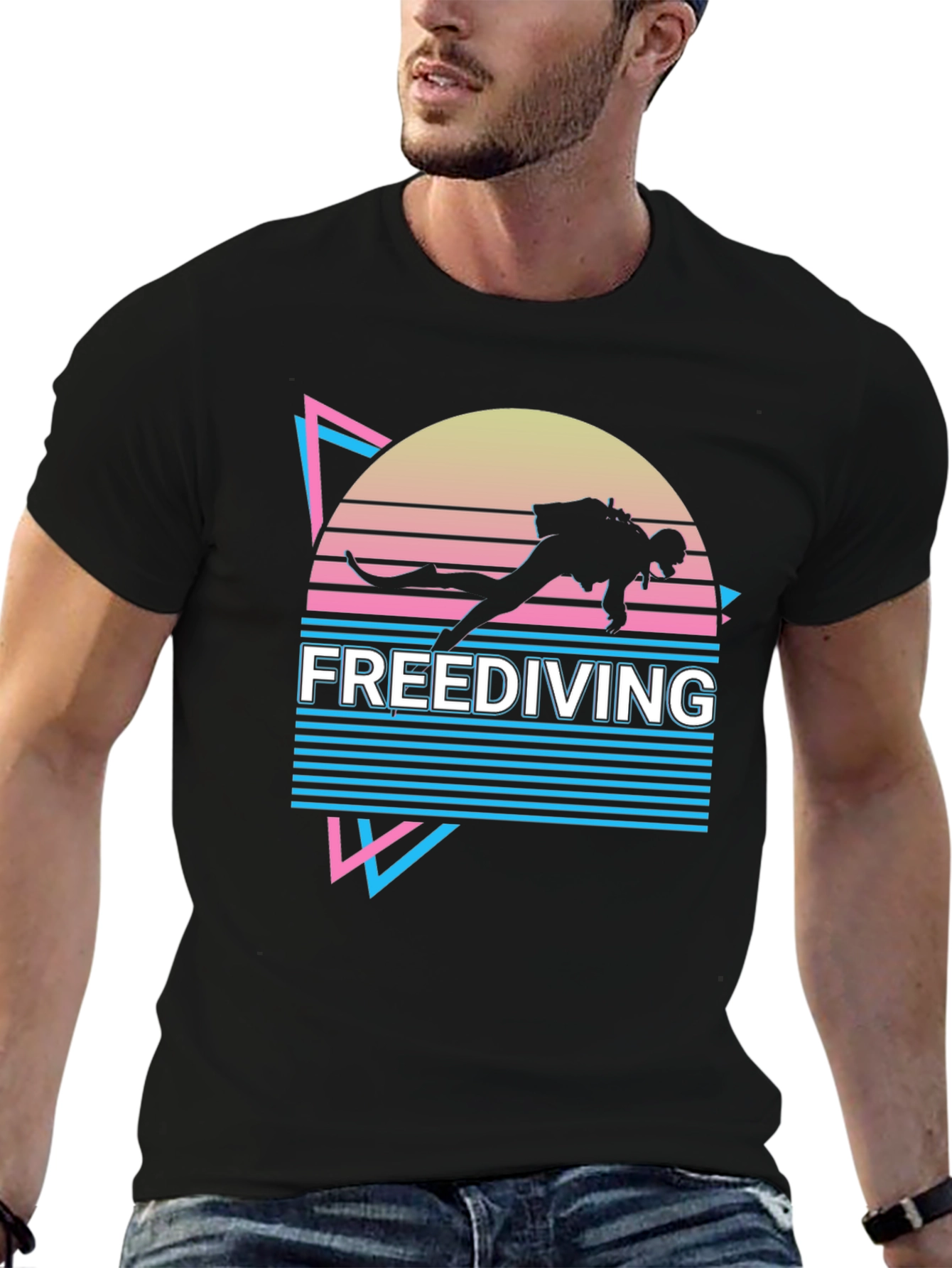 Black Freediving T-Shirt - Retro Diver Design view 6