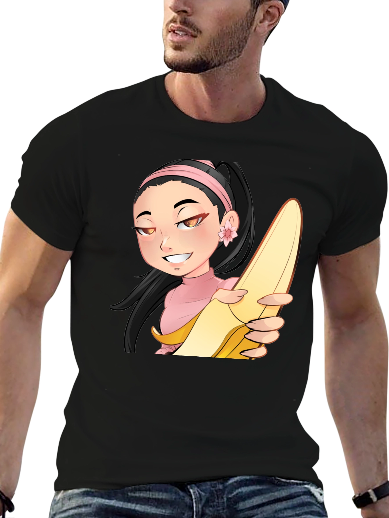 Black Anime Girl with Banana Black T-Shirt view 6
