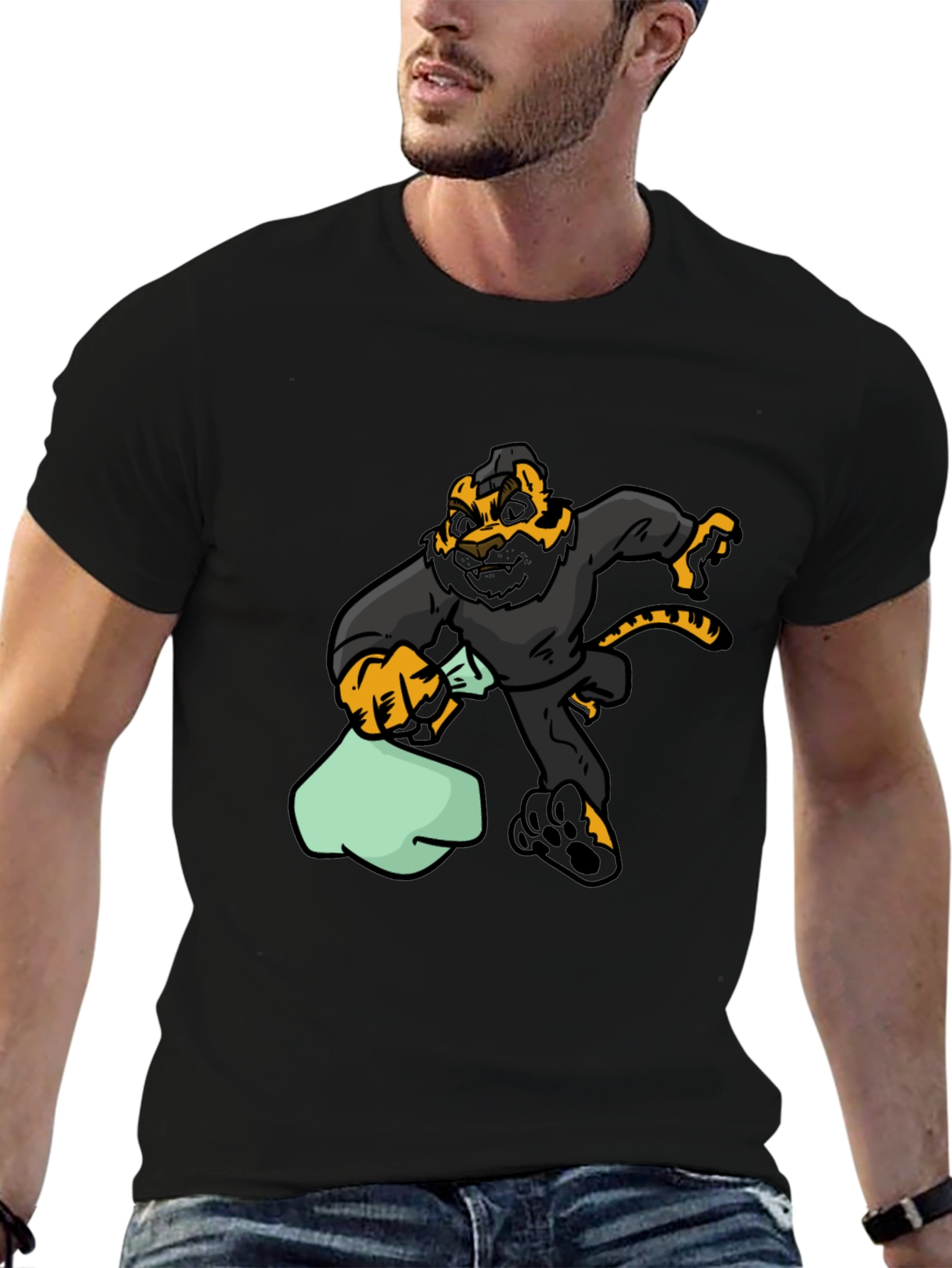 Black Cartoon Tiger Thief Graphic Tee - Black Cotton T-Shirt view 6