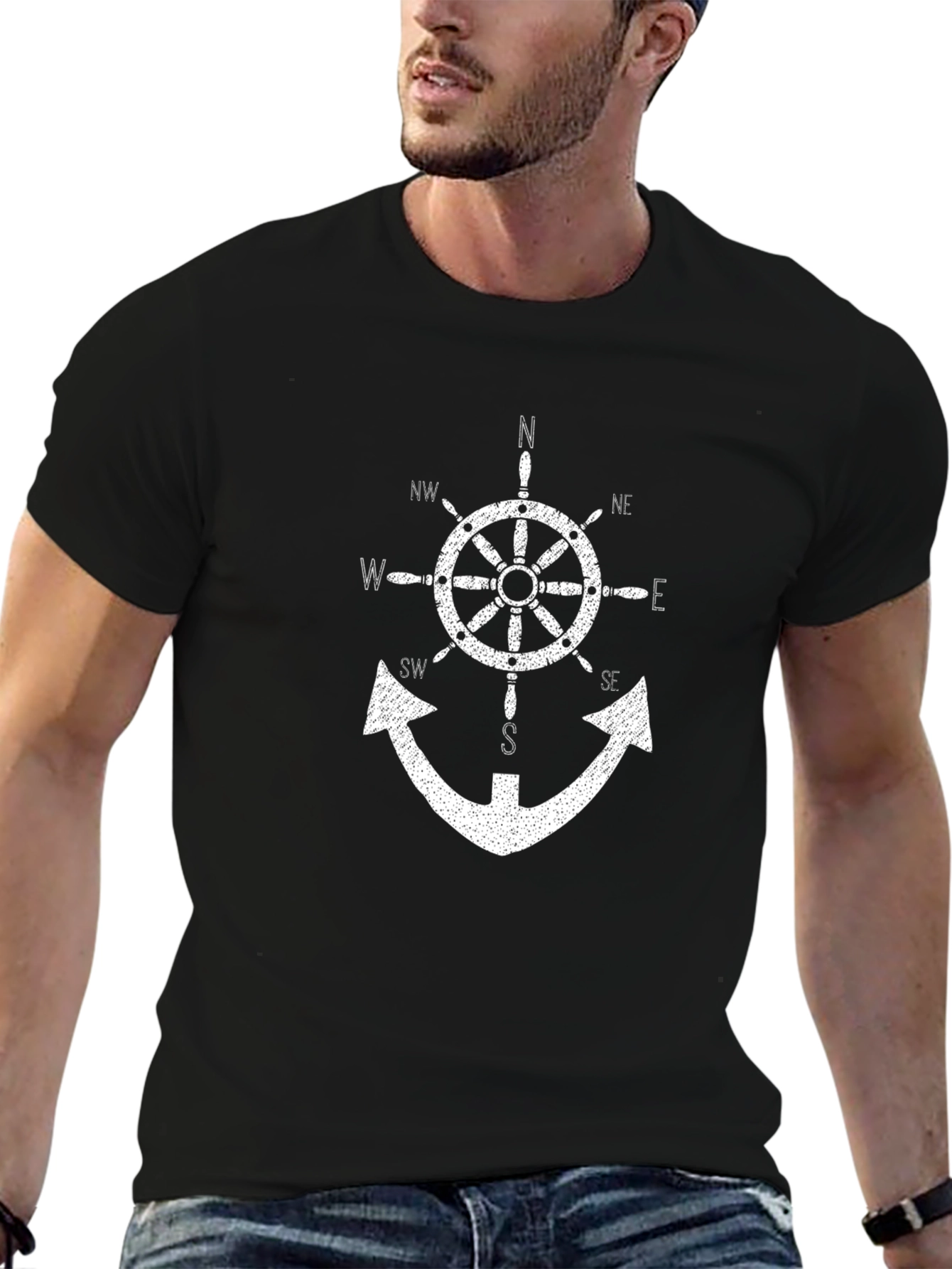 Black Nautical Compass Anchor Graphic T-Shirt - Black view 6