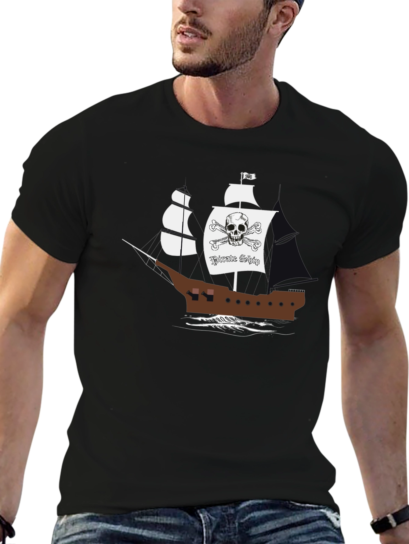 Pirate Ship Graphic T-Shirt - Black Cotton Tee - 6