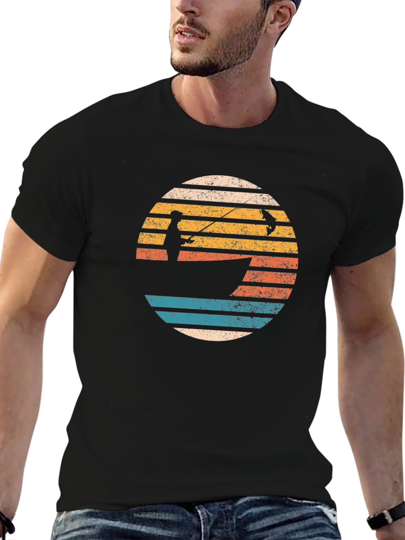 Black Retro Fishing T-Shirt - Fisherman Sunset Tee view 6