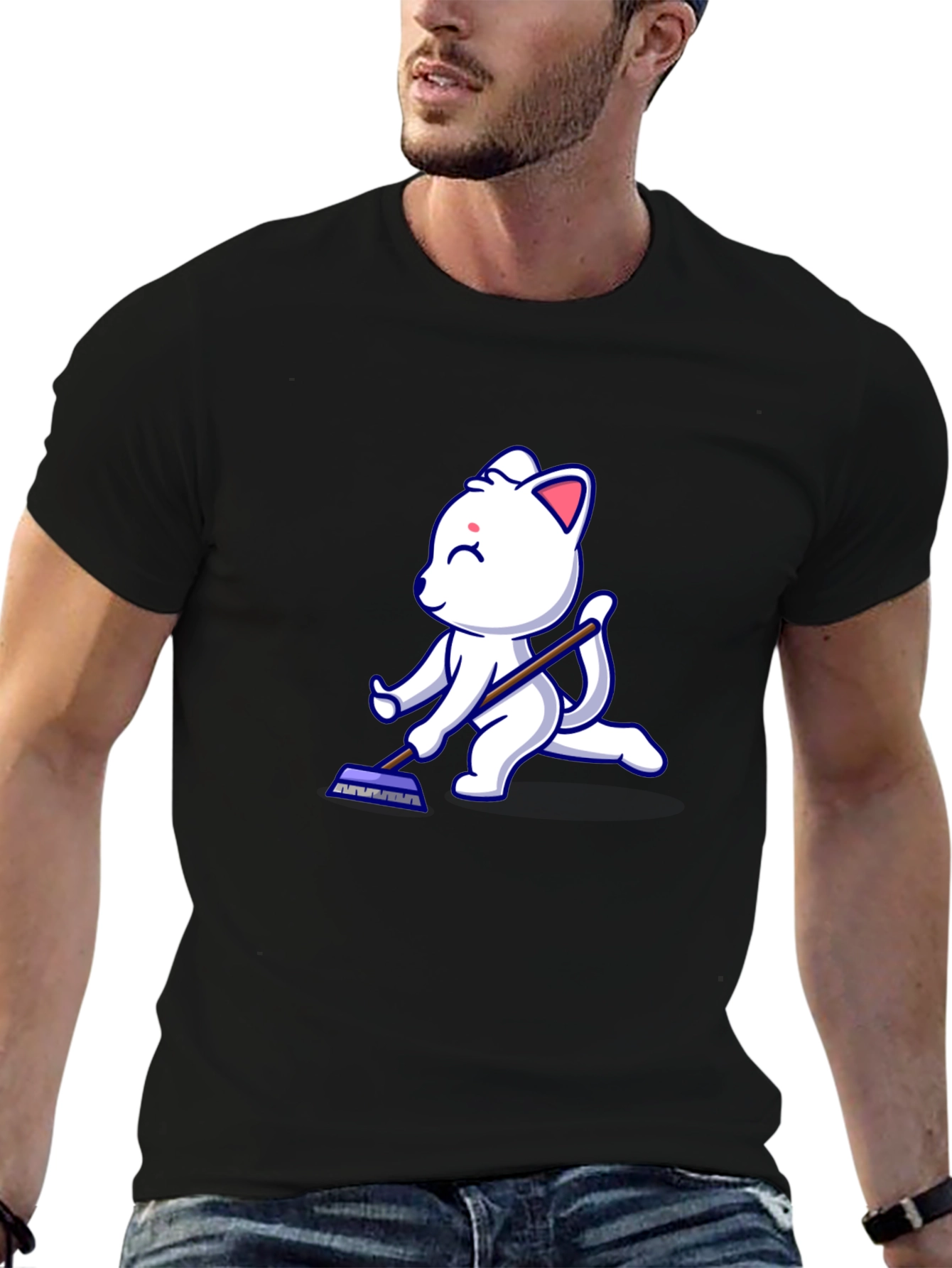Black Cute Cat Cleaning T-Shirt - Black Cotton Tee view 6