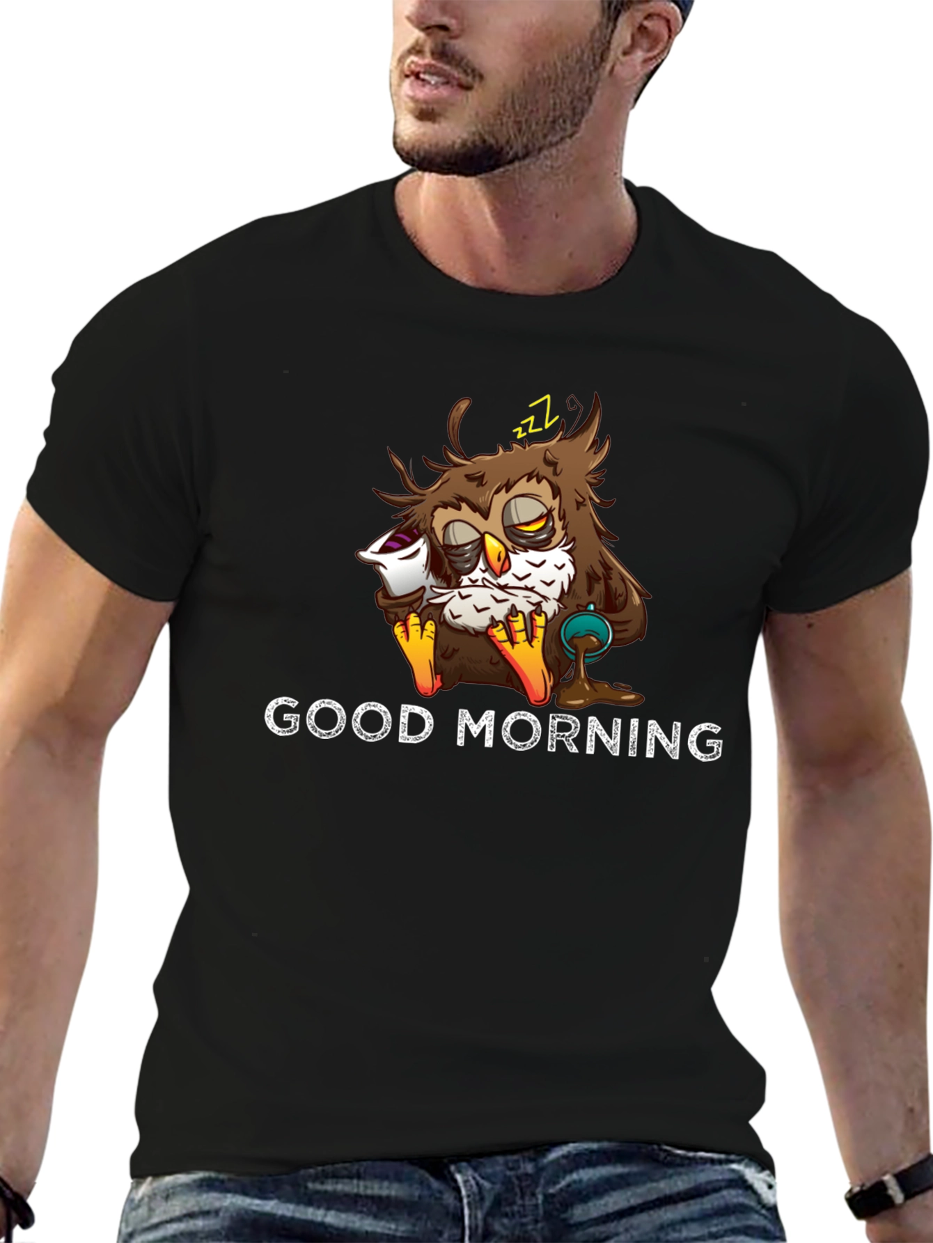 Black Good Morning Owl Graphic T-Shirt - Funny Sleepy Owl view 6