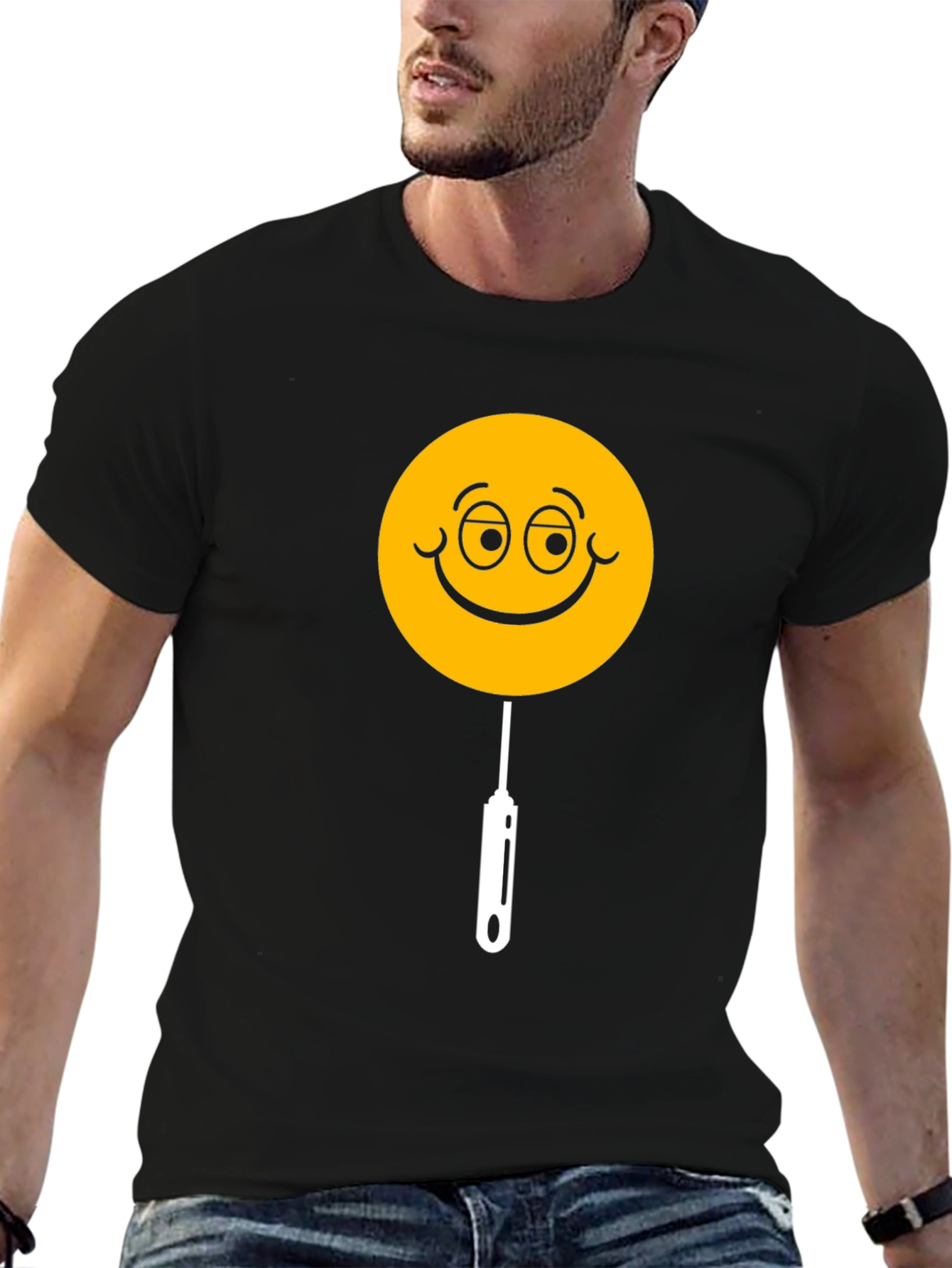 Black Whimsical Smiley Face Lollipop Graphic Tee - Black view 6