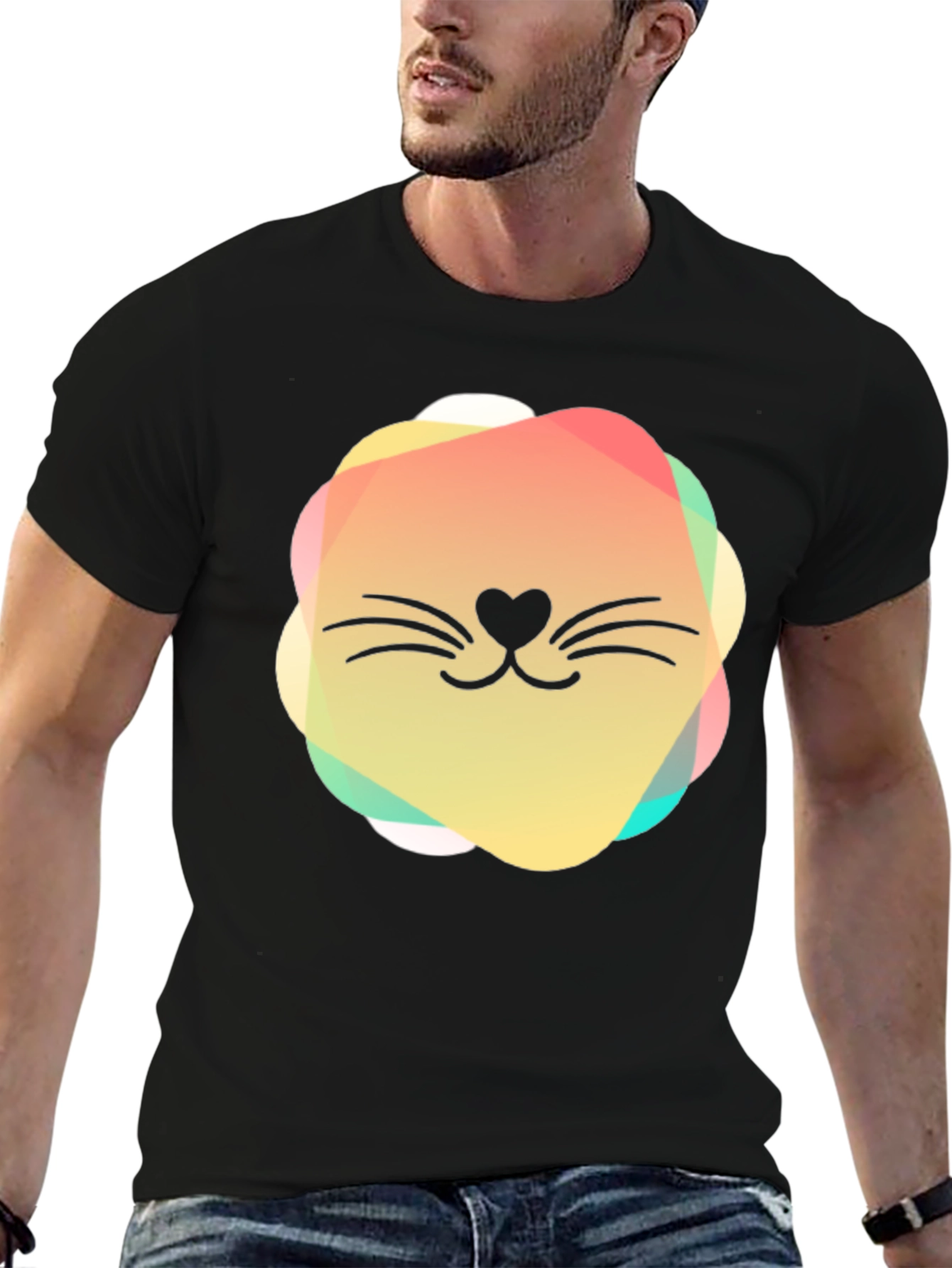 Black Cute Cat Face Graphic Black T-Shirt view 6