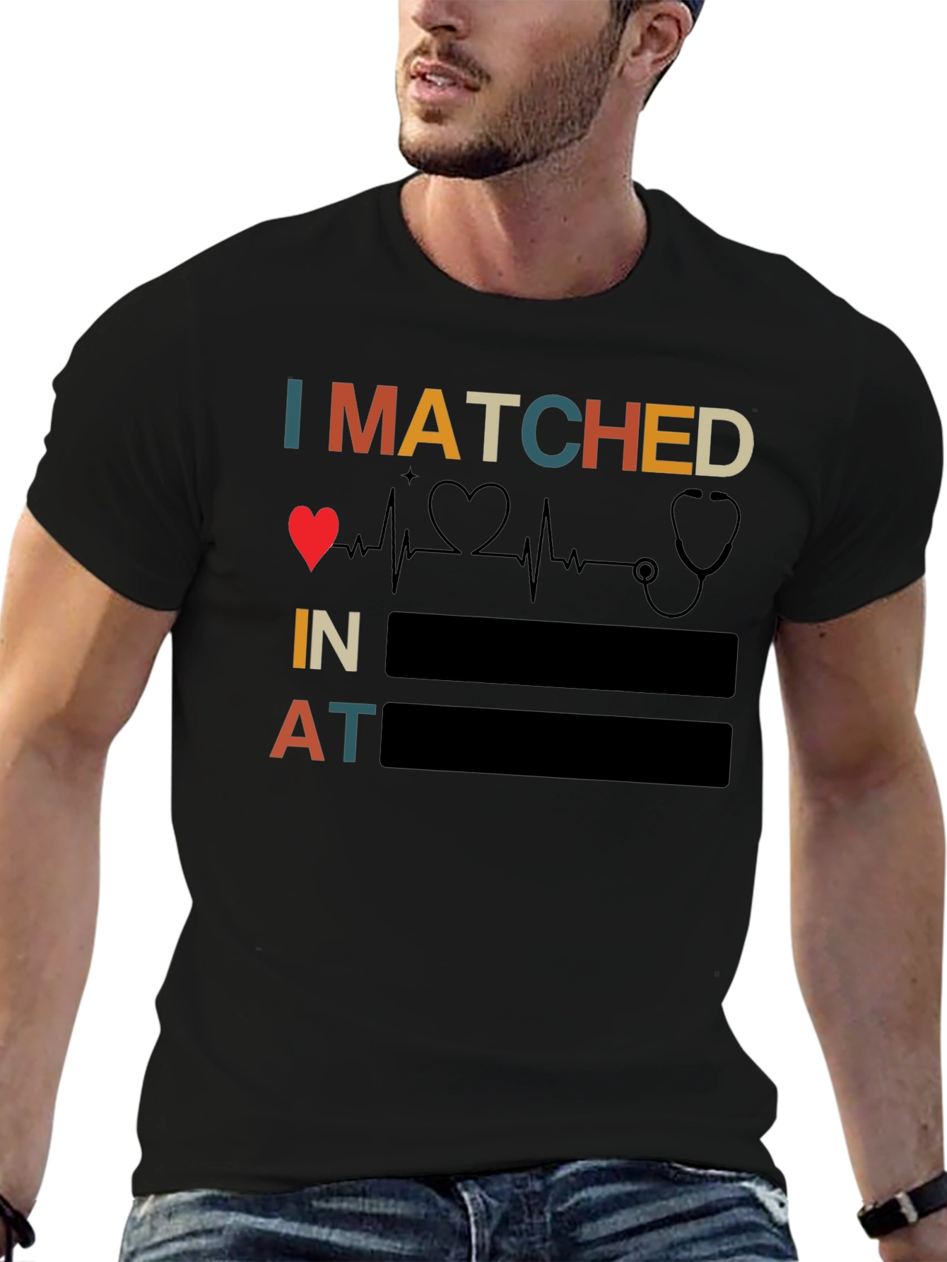 Black I Matched Heartbeat Stethoscope Doctor T-Shirt view 6