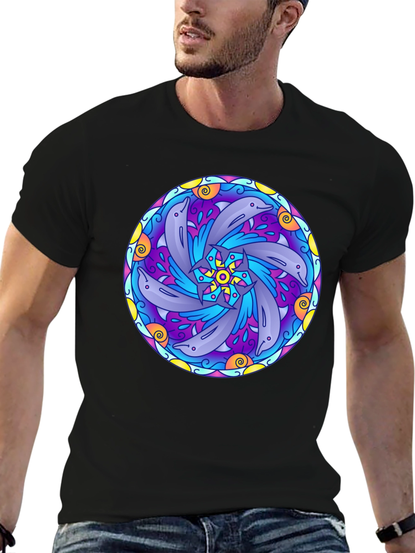 Black Dolphin Mandala Graphic Tee - Black Cotton T-Shirt view 6