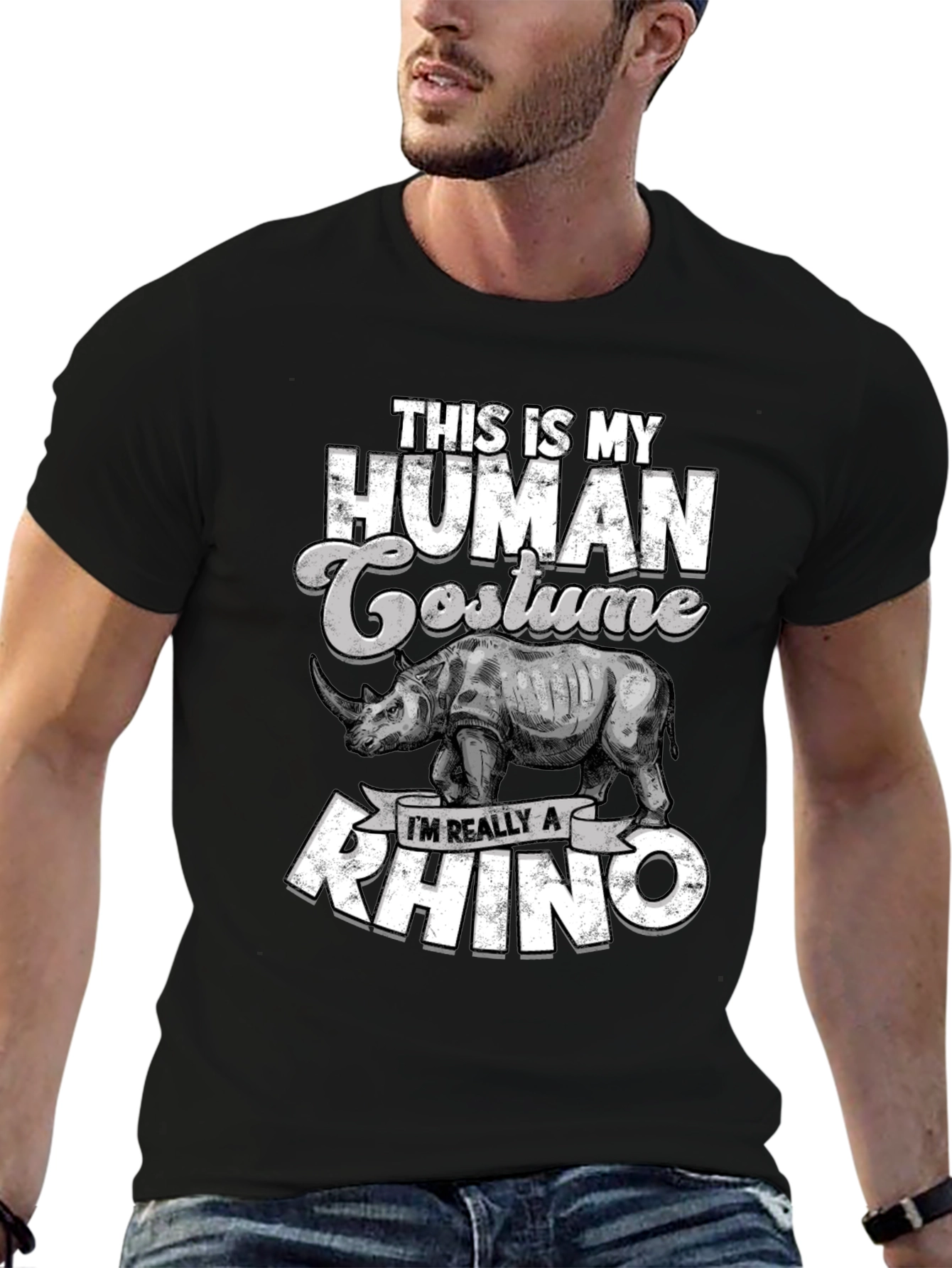 Black Funny Rhino Costume T-Shirt view 6