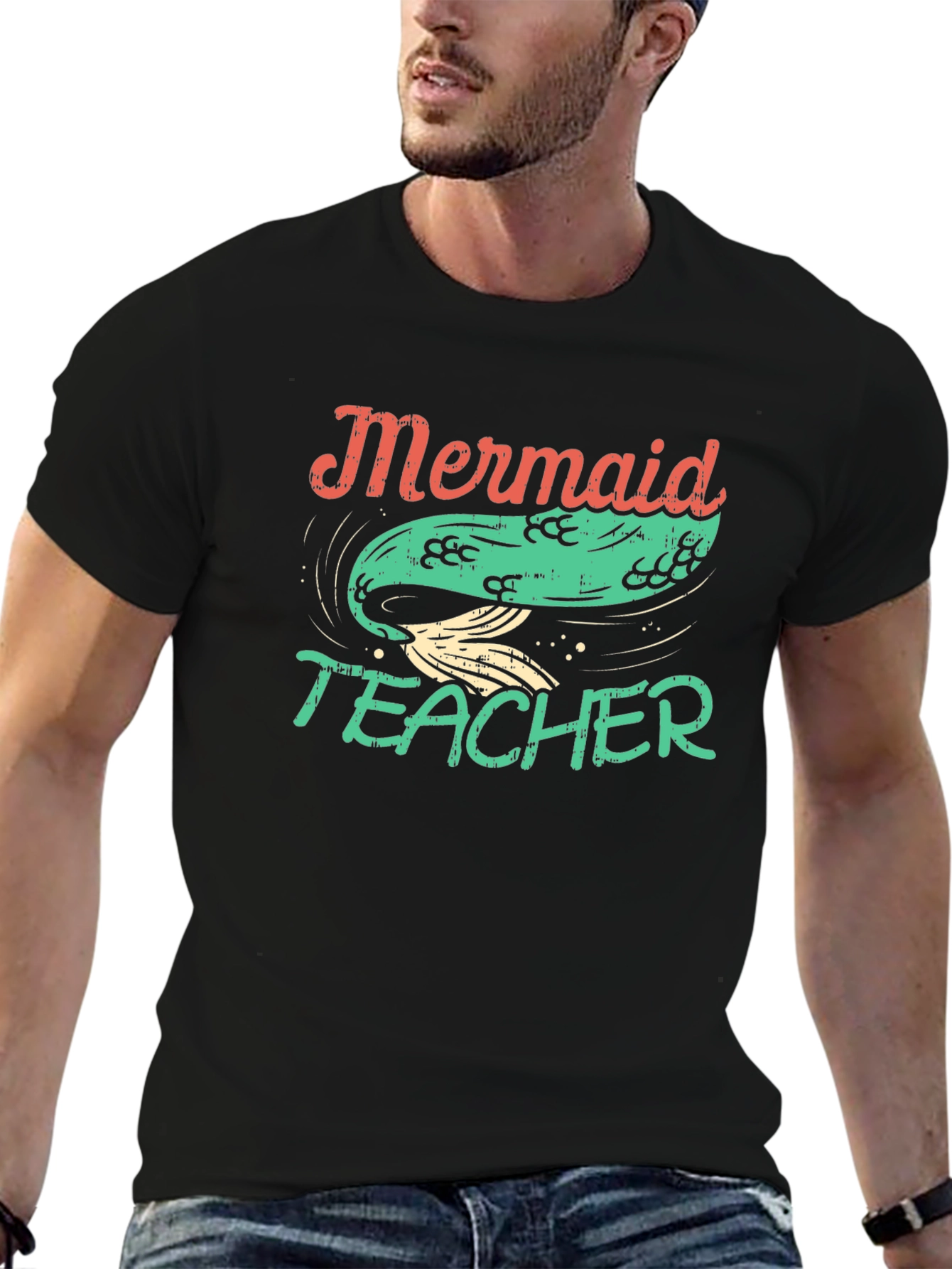 Black Mermaid Teacher Graphic Tee - Black Cotton T-Shirt view 6