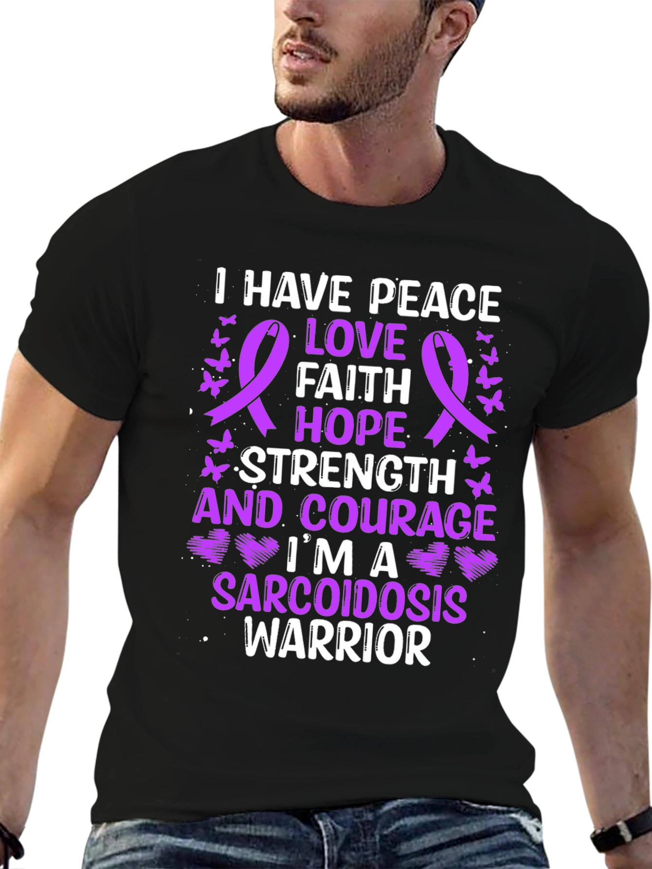 Black Sarcoidosis Warrior Awareness Ribbon Graphic T-Shirt view 6