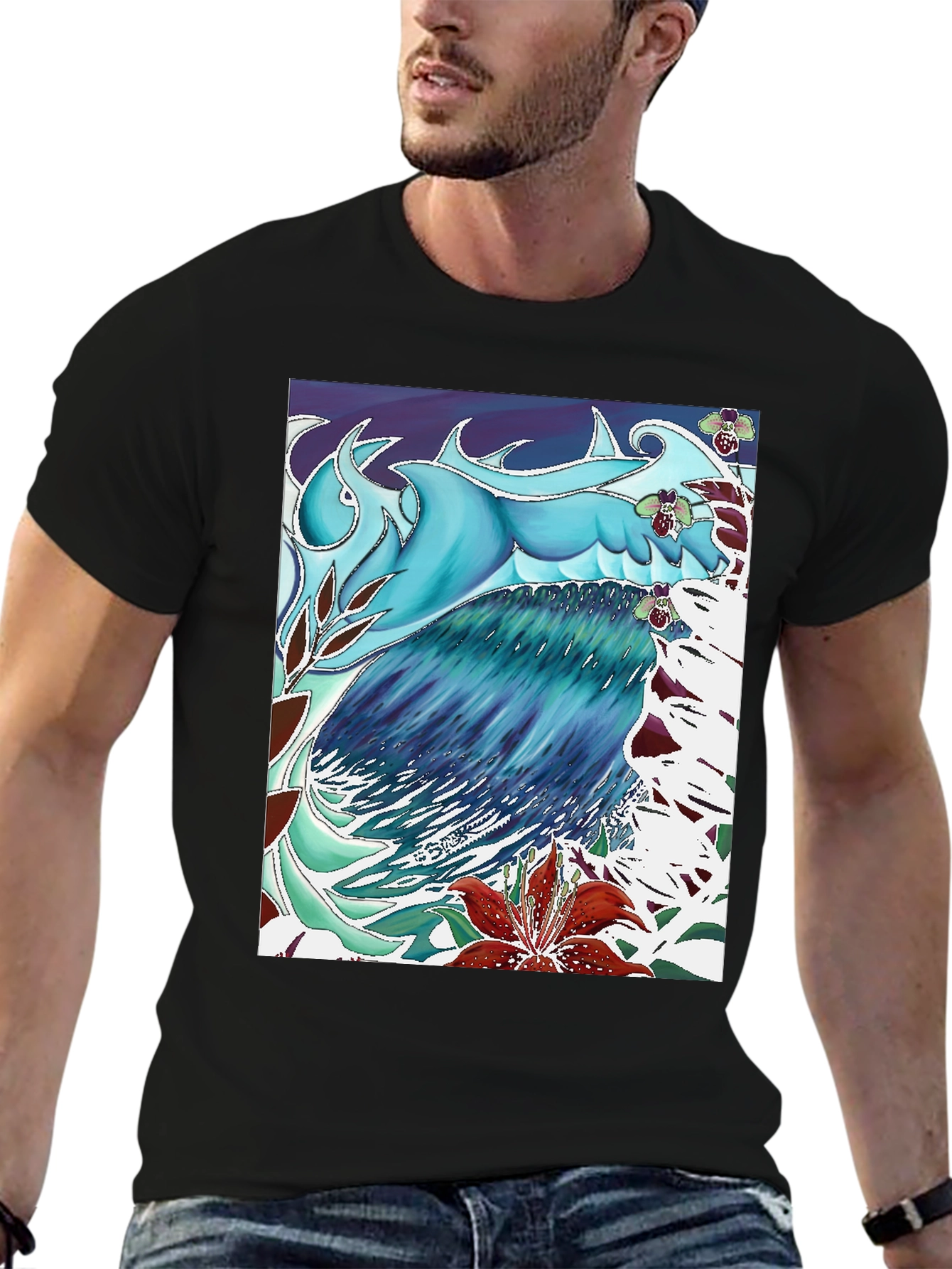 Black Ocean Wave Art T-Shirt - Cool Blue Design view 6