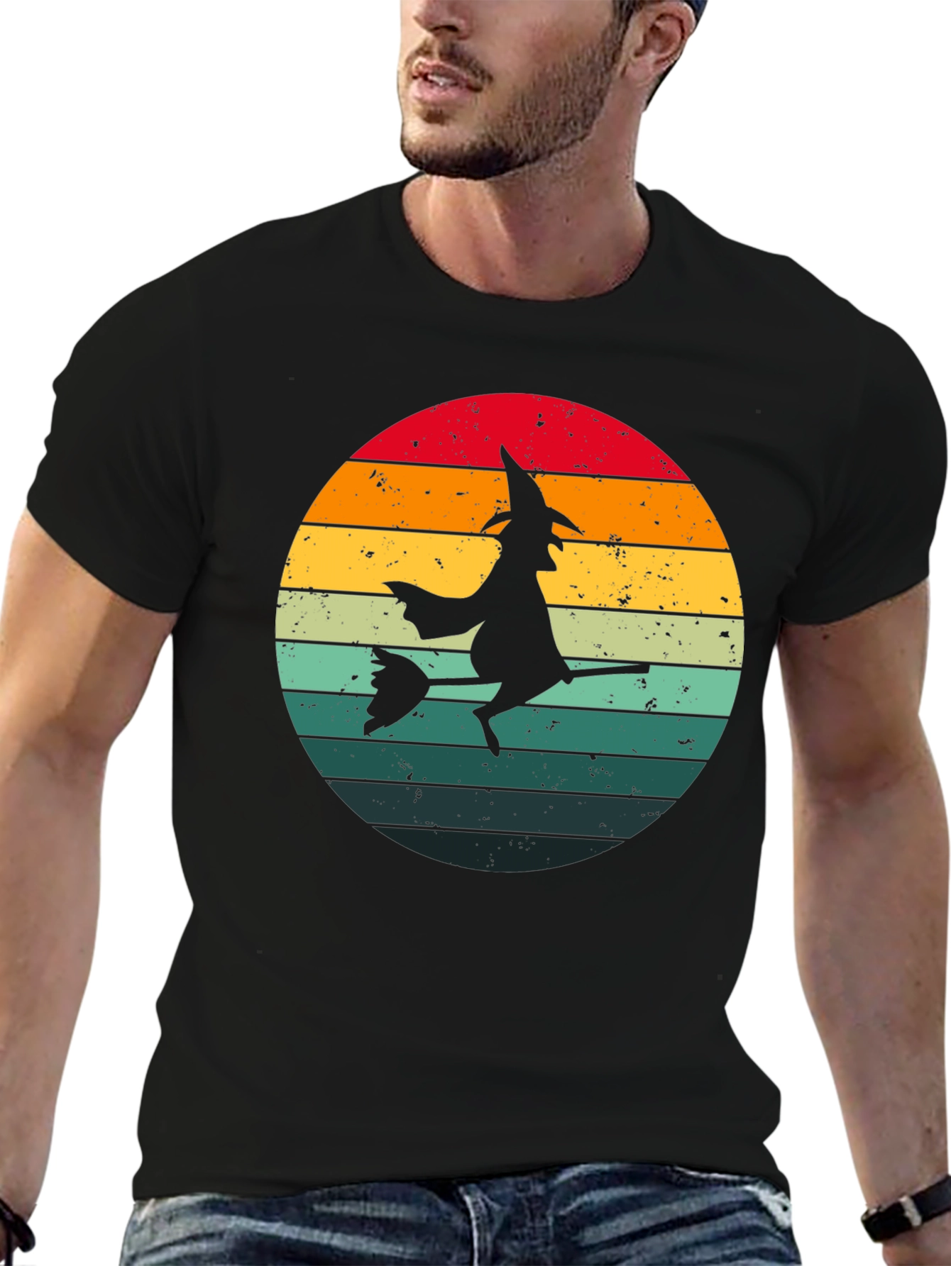 Black Witch Silhouette Retro Sunset T-Shirt view 6