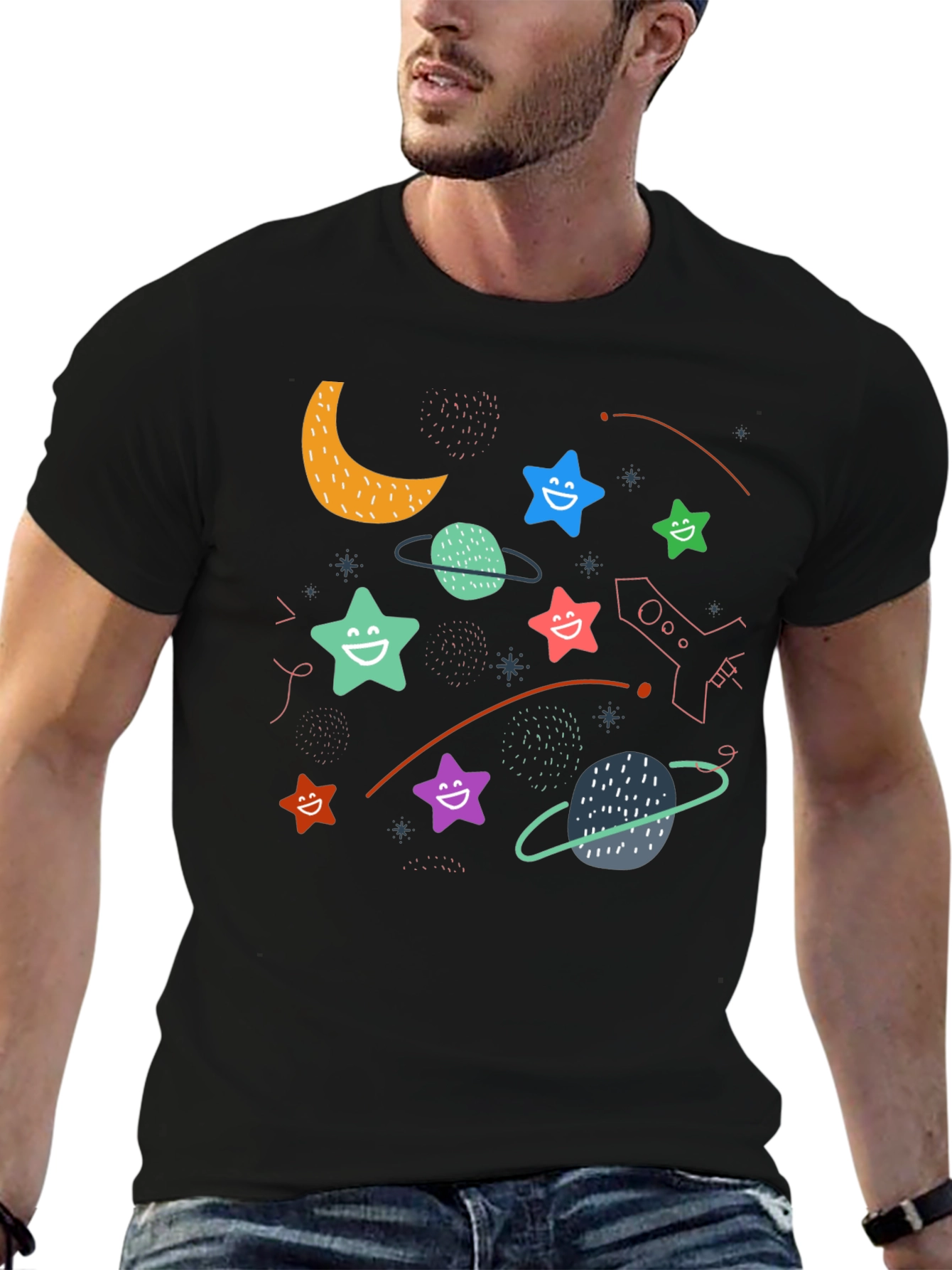 Black Cosmic Smiles Black T-Shirt: Stars, Planets, Rocket Fun! view 6