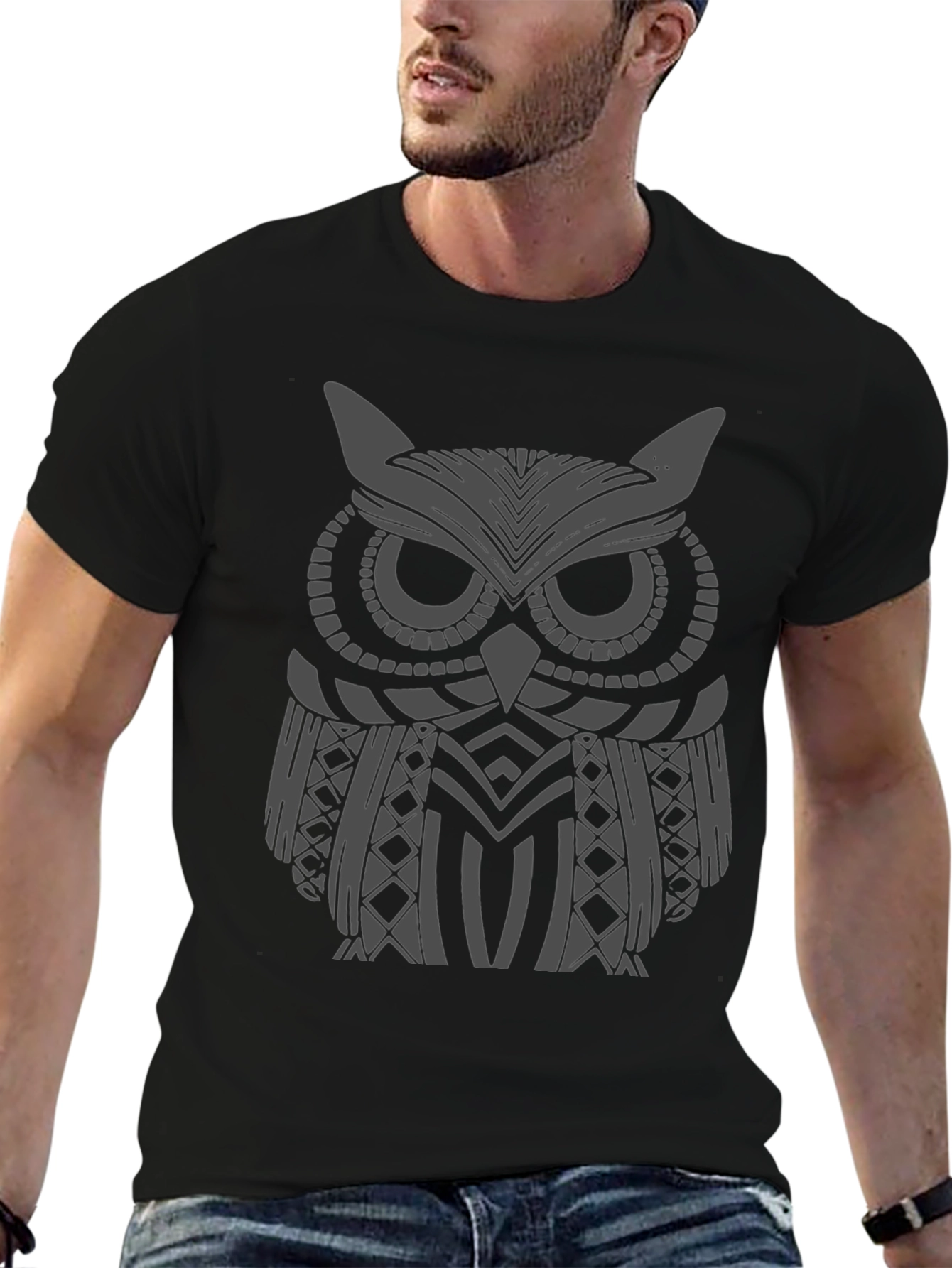 Black Owl Graphic Print Men's Black T-Shirt view 6