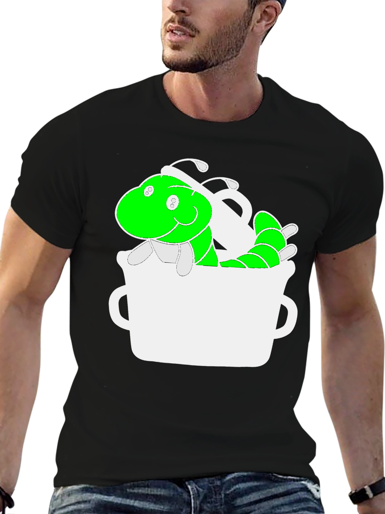 Black Funny Green Worm in Mug Graphic Tee view 6