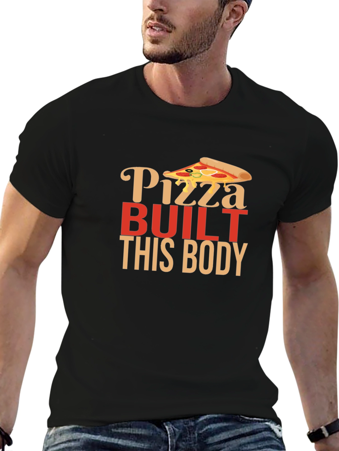 Black Pizza Built This Body Funny Graphic Tee view 6