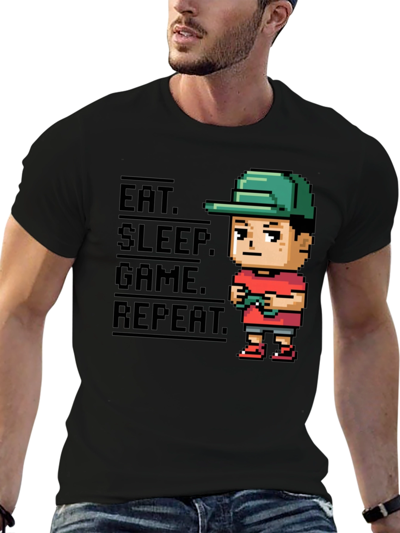 Black Eat Sleep Game Repeat Black Gamer T-Shirt view 6