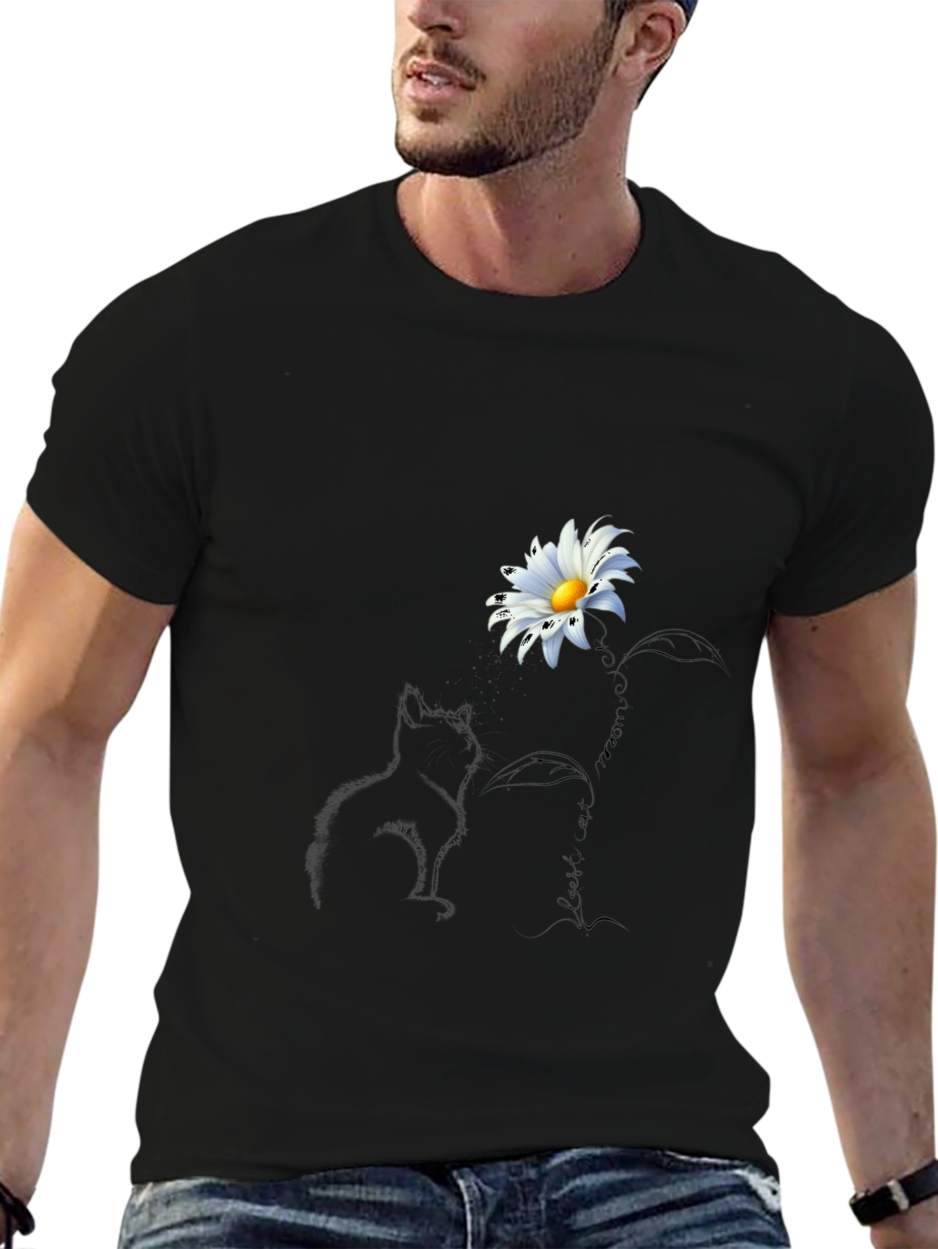 Black Black T-Shirt with Cat and Daisy Design view 6