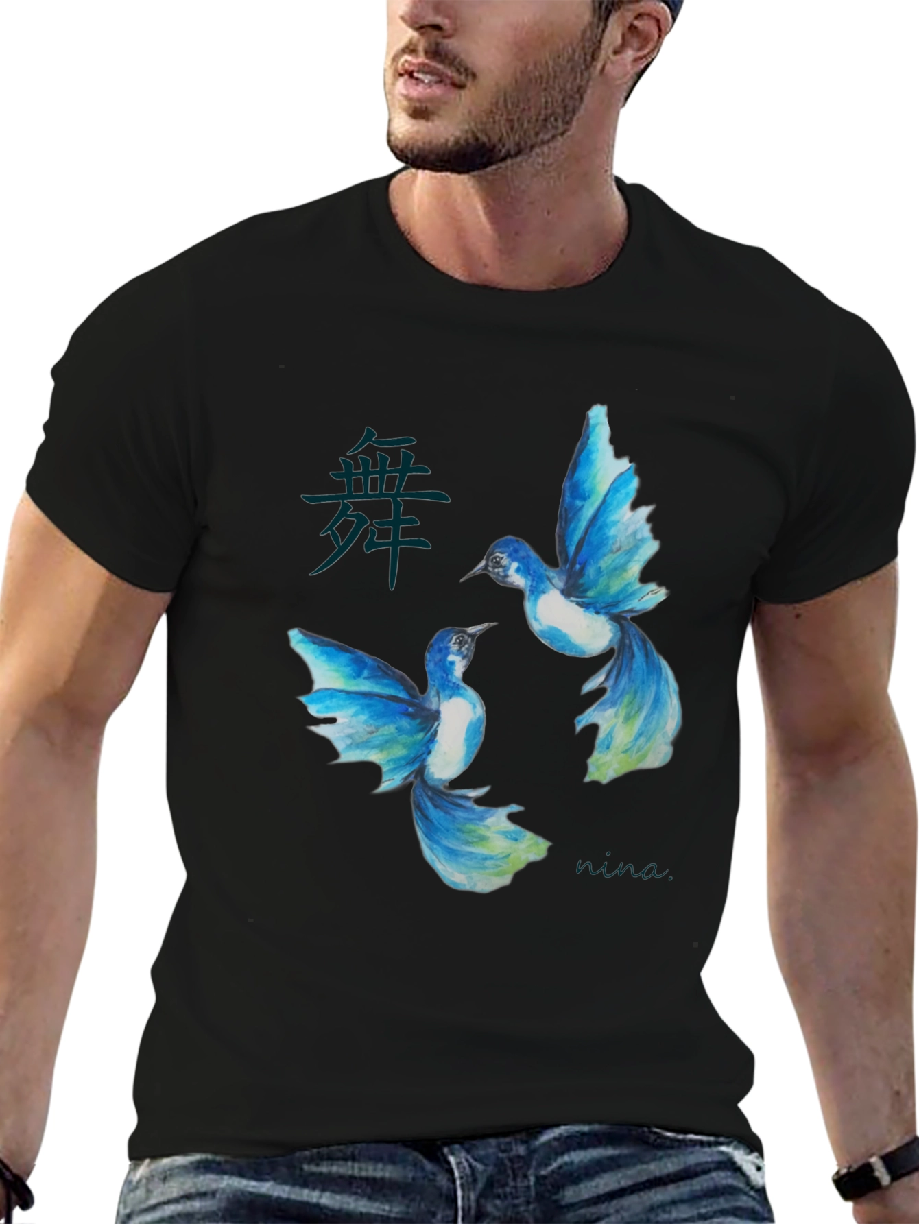 Black Watercolor Bird Graphic Black T-Shirt view 6