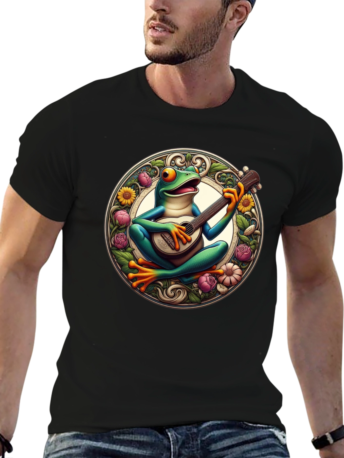 Black Frog Playing Guitar T-Shirt - Unique Graphic Tee view 6