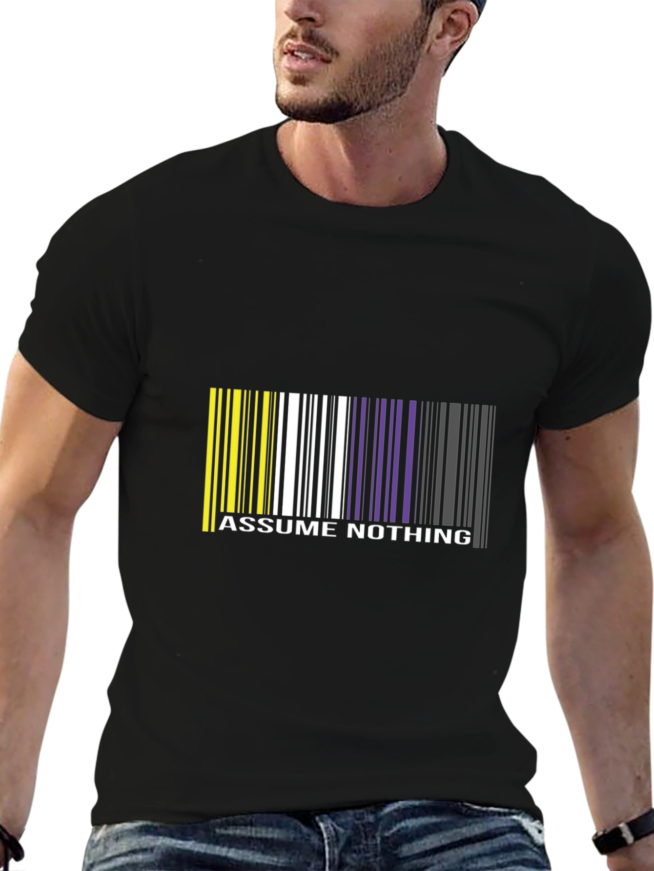 Black Assume Nothing Barcode T-Shirt - Unique Graphic Tee view 6