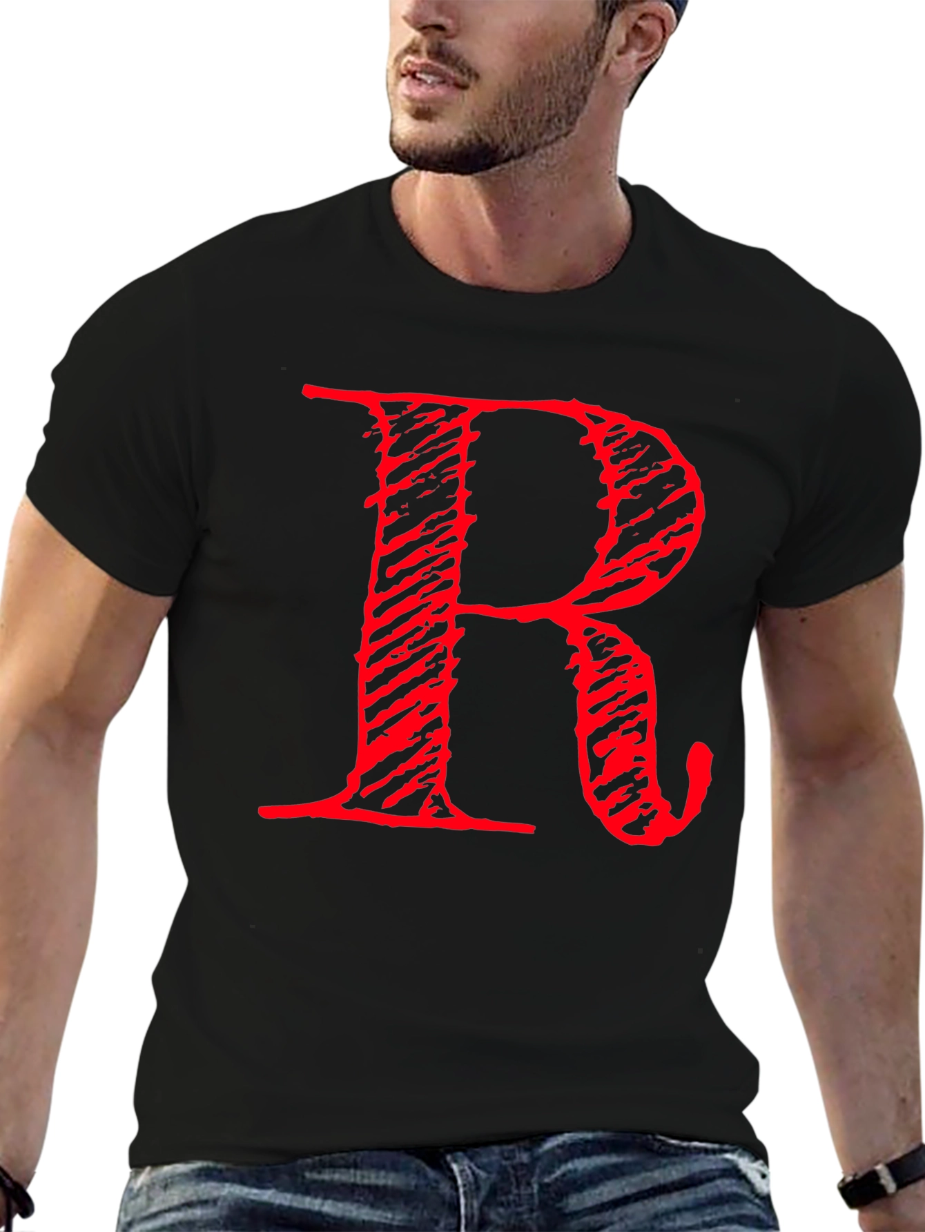 Black Bold Red R Graphic Print Black T-Shirt view 6
