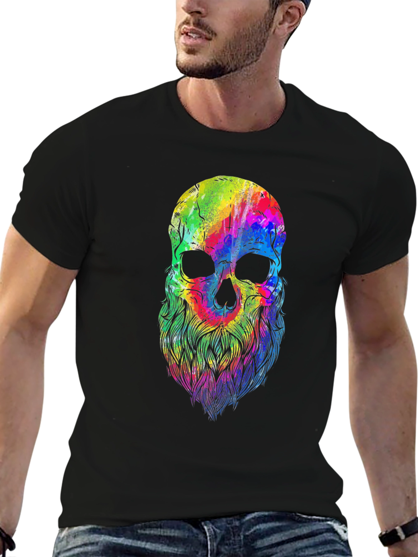 Black Colorful Skull Beard Graphic T-Shirt view 6