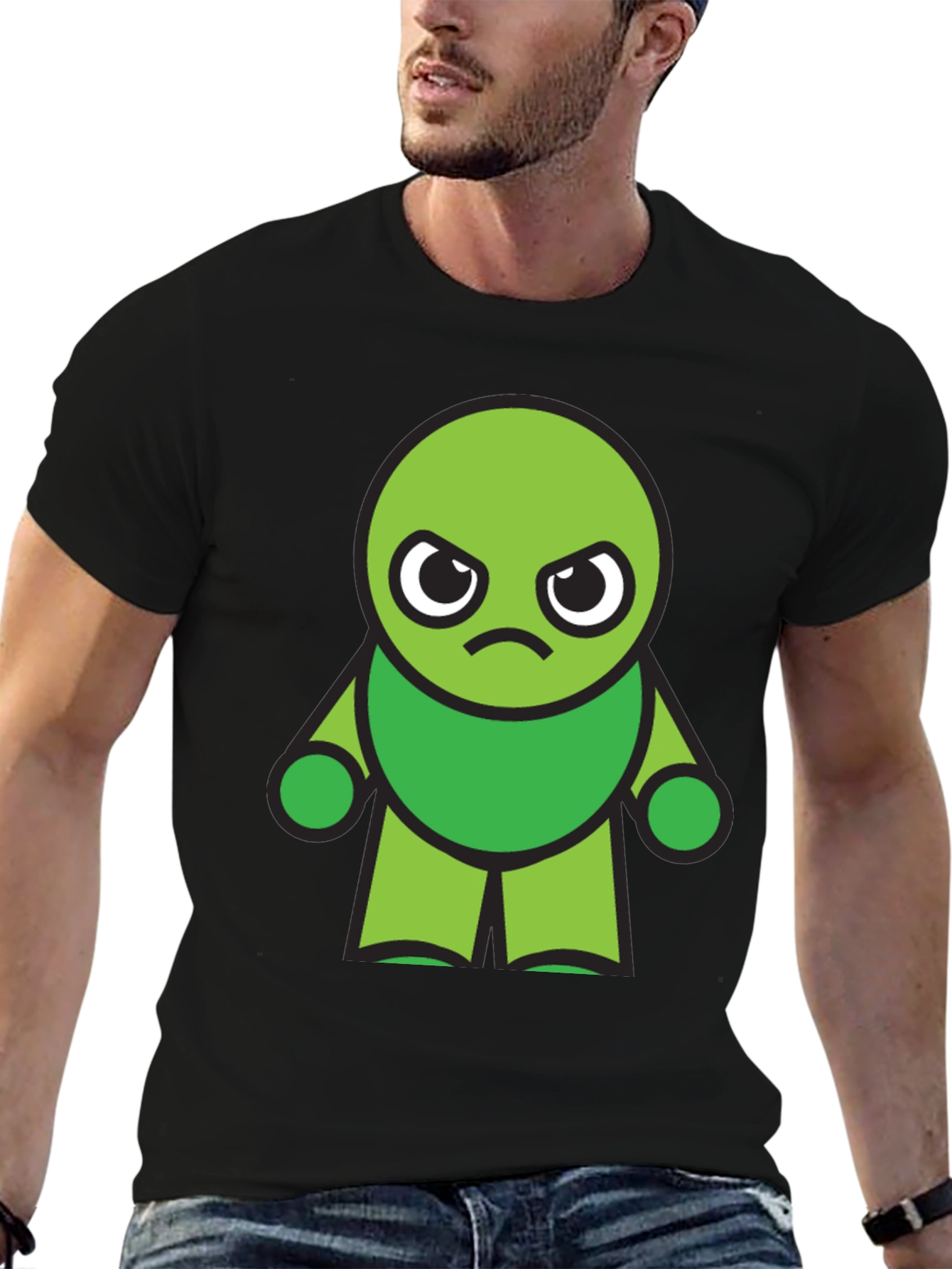 Black Grumpy Green Cartoon Character Black T-Shirt view 6