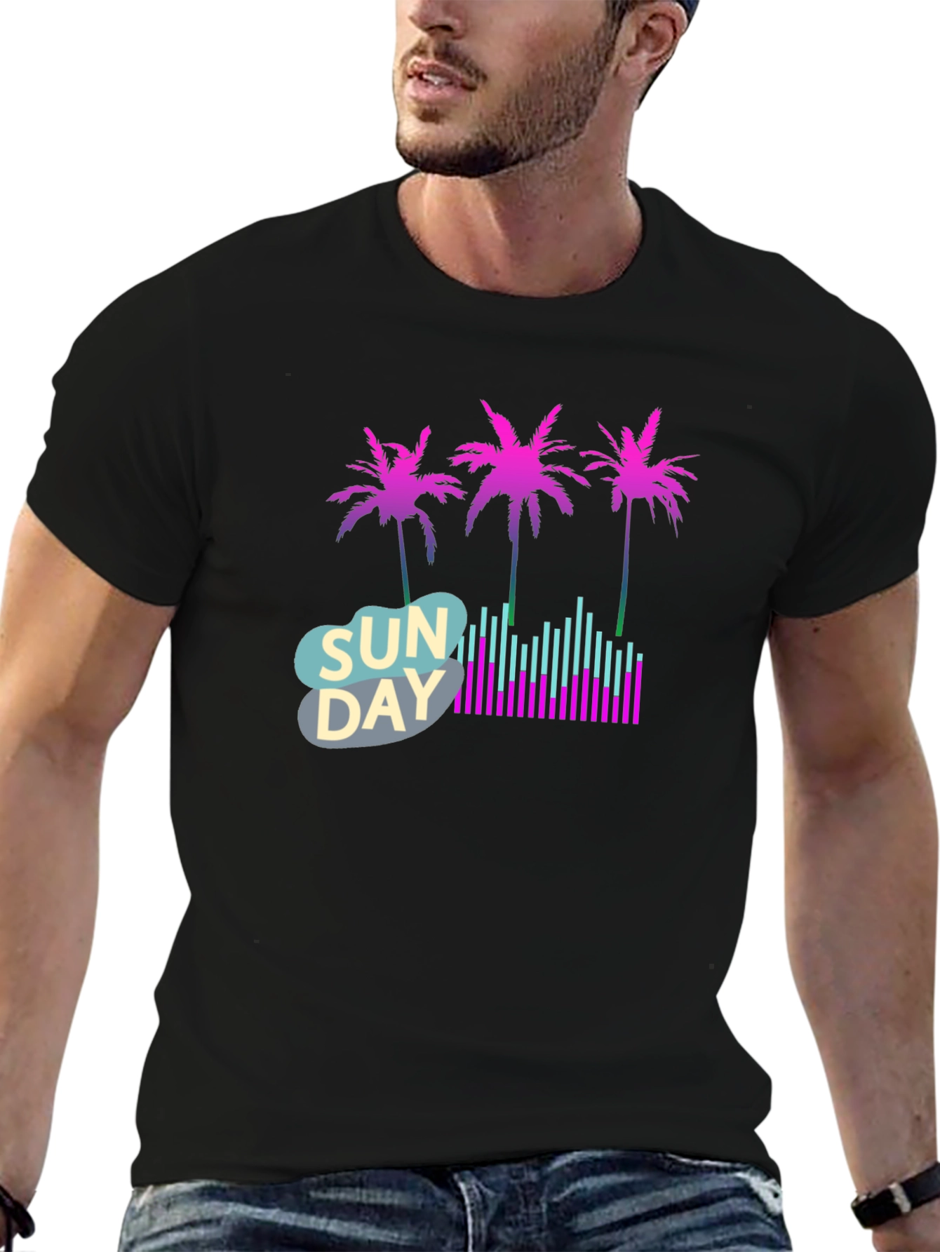 Black Retro Sunday Vibes T-Shirt - Palm Trees & Soundwaves view 6