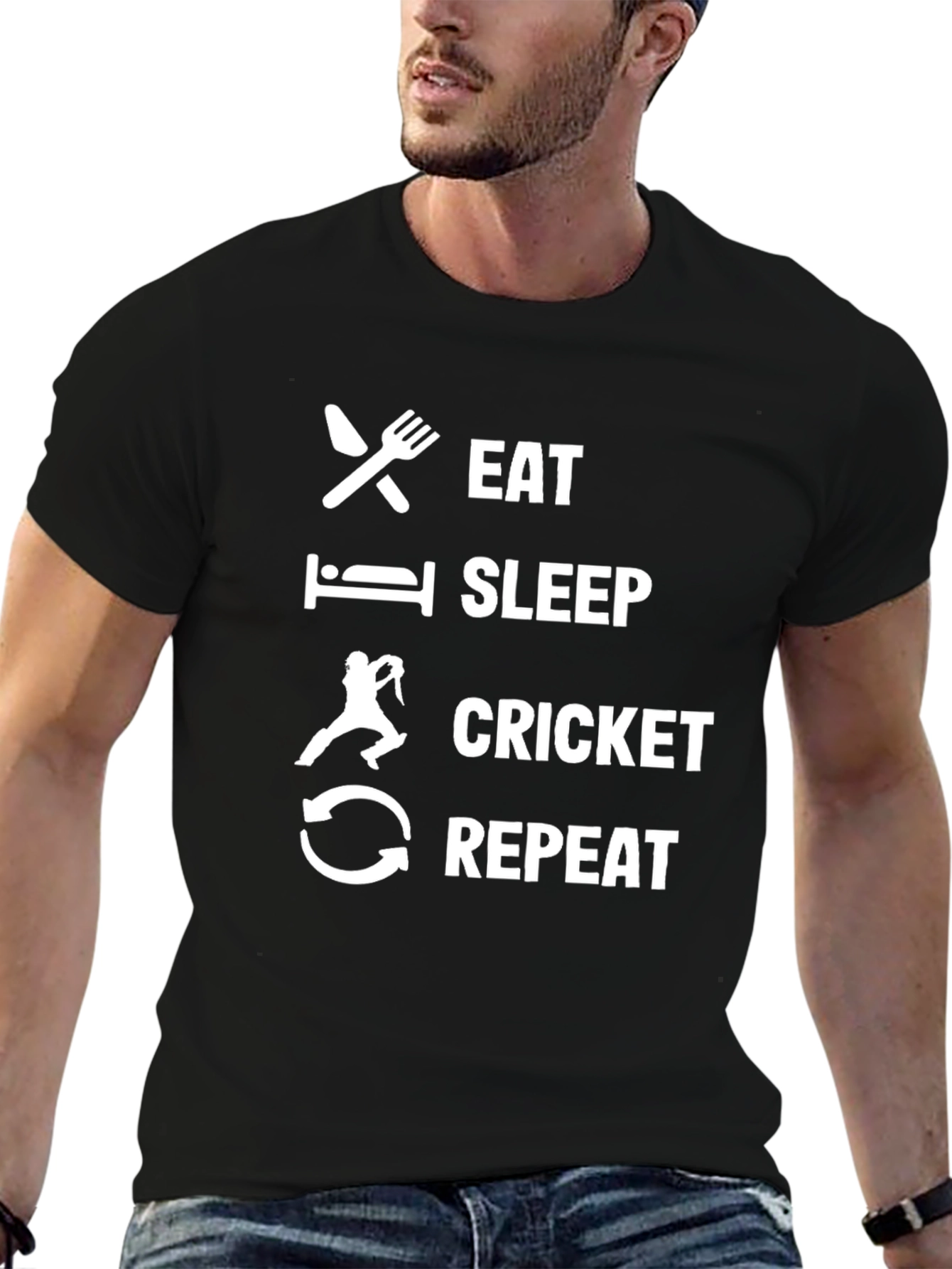 Black Eat Sleep Cricket Repeat Black T-Shirt view 6