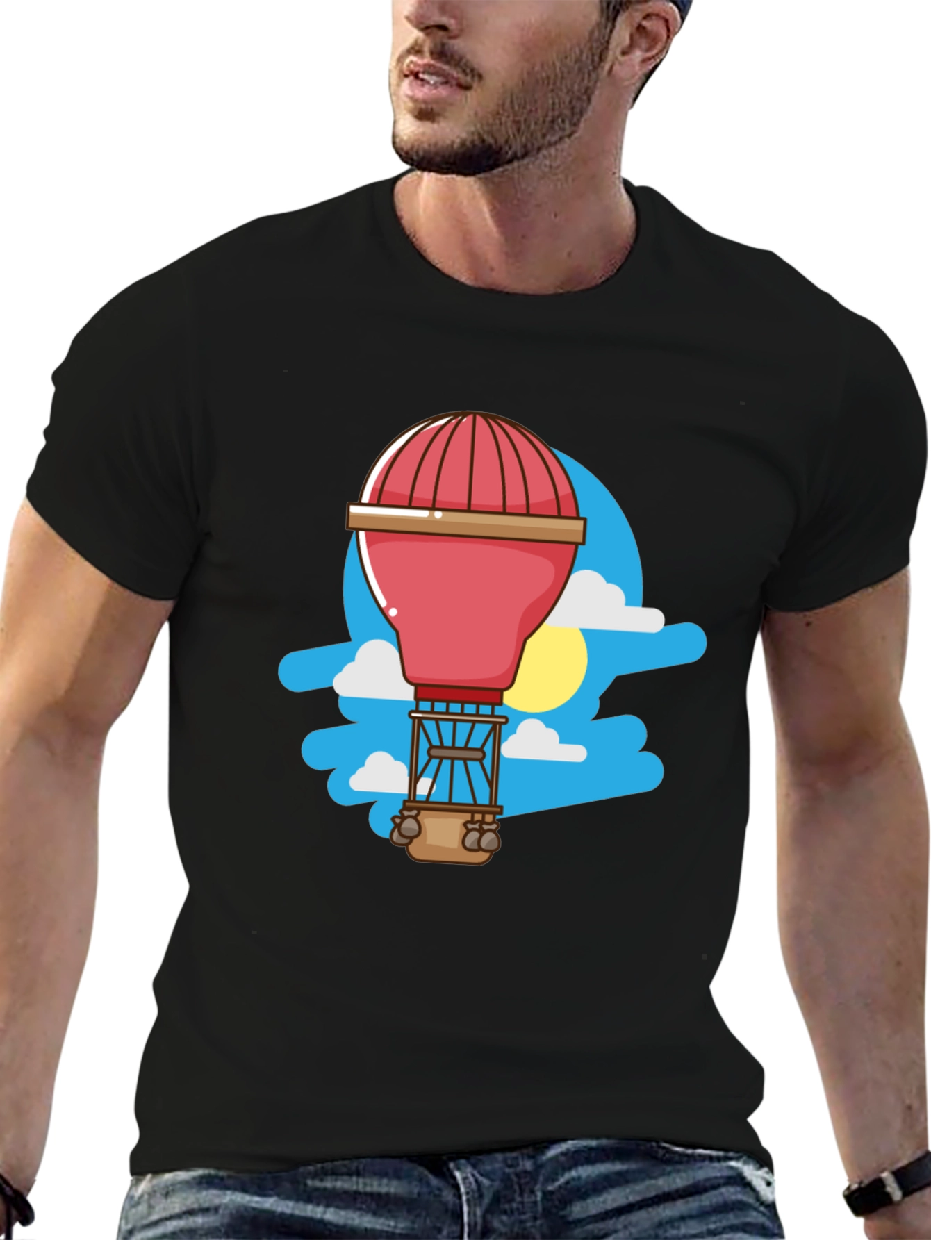 Black Cartoon Hot Air Balloon Graphic Tee - Black view 6