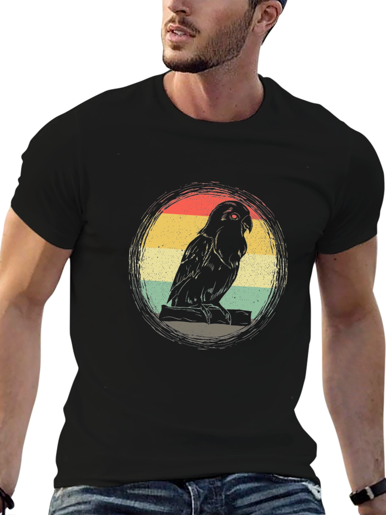 Black Retro Parrot Graphic T-Shirt - Unisex Black Tee view 6