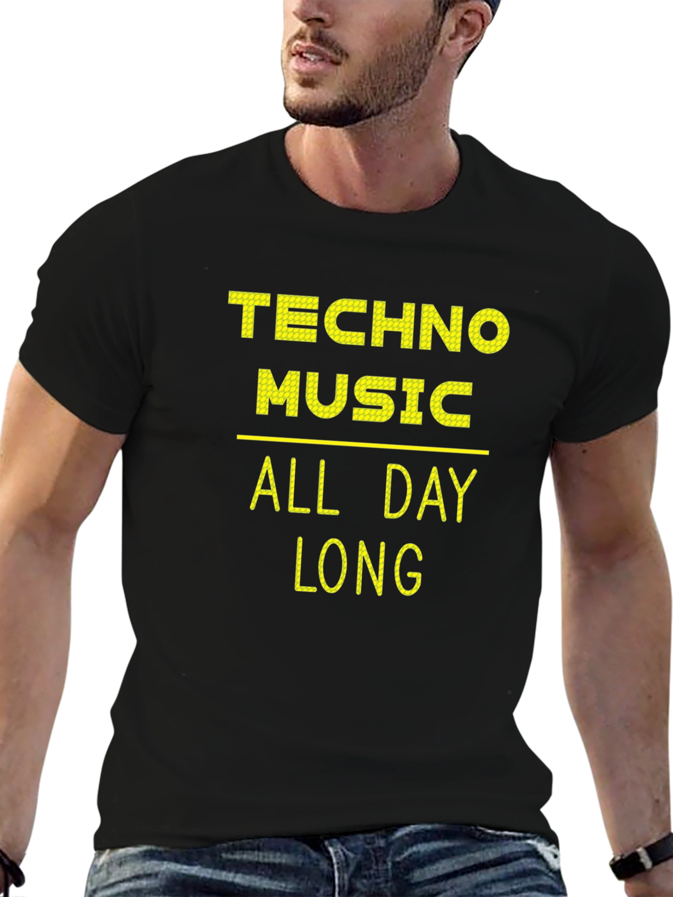 Black Techno Music All Day Long Graphic T-Shirt view 6