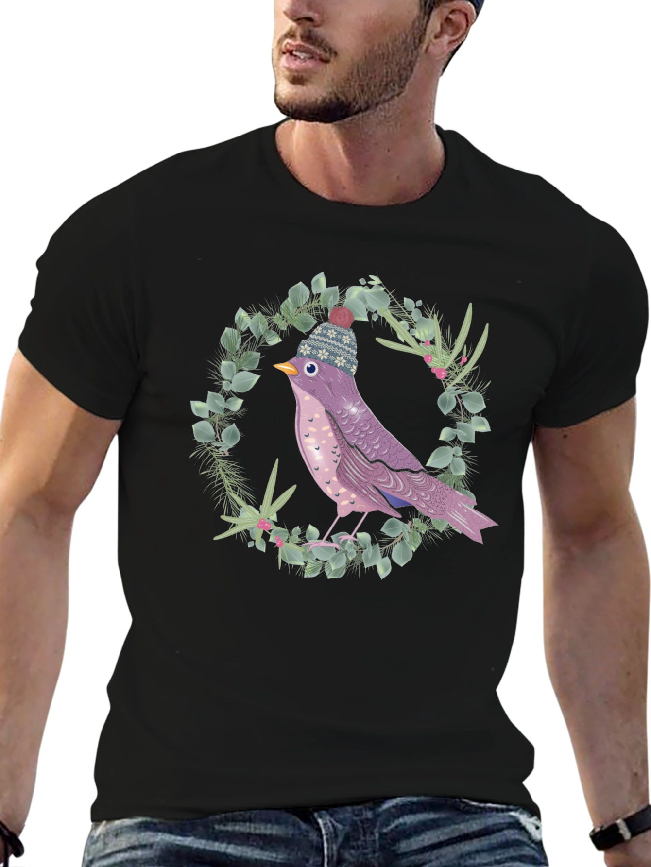 Black Whimsical Bird in Winter Hat T-Shirt view 6