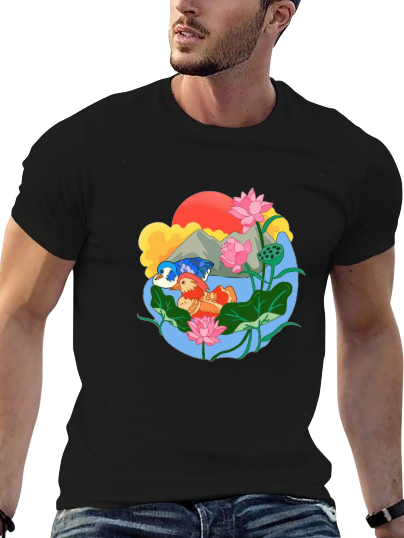 Black Mandarin Duck Lotus Pond Graphic Tee view 6