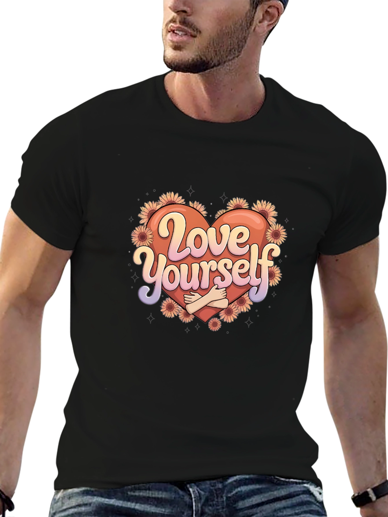 Black Love Yourself Graphic Tee - Heart & Flowers view 6