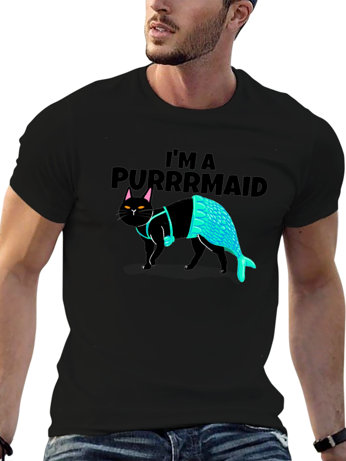Black Purrmaid T-Shirt: Cat Mermaid Graphic Tee view 6